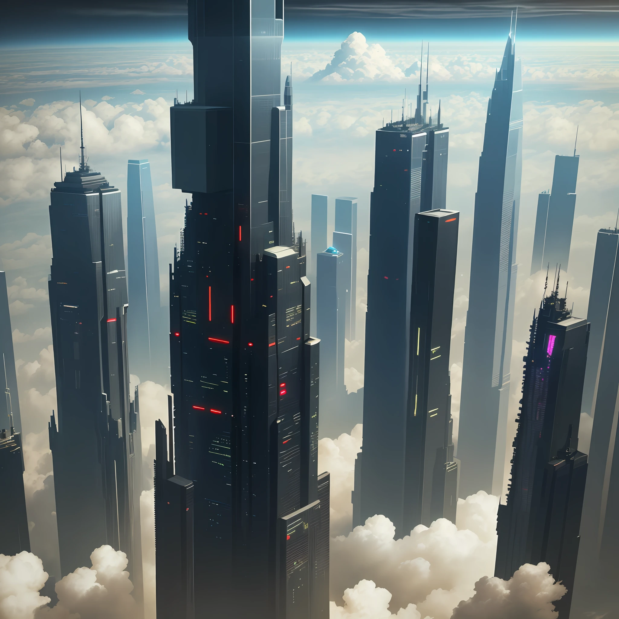 Skyscrapers penetrating the clouds from above the earth Cyberpunk Sci-Fi Top Quality Ultra High Definition Masterpiece Perfect