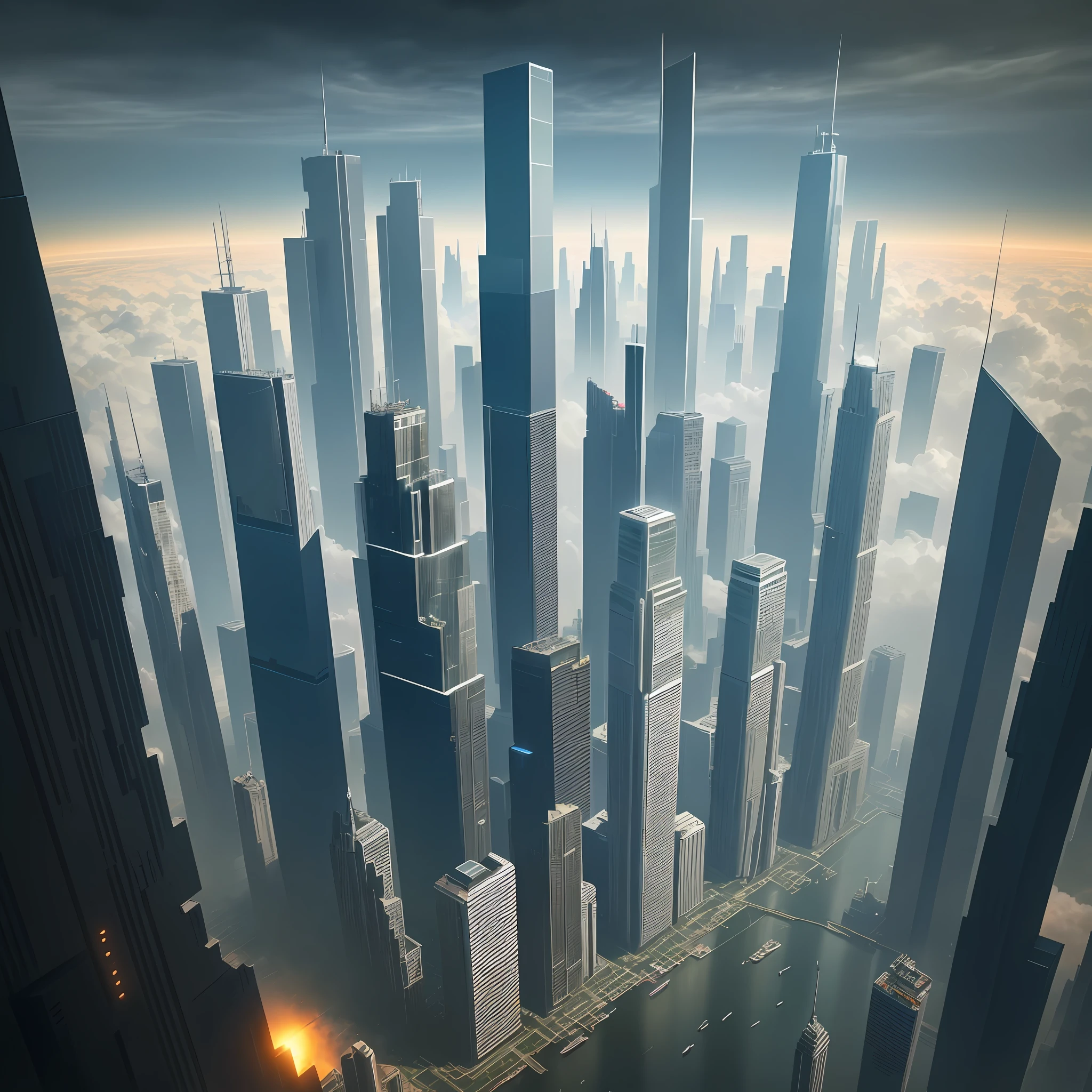 Skyscrapers penetrating the clouds from above the earth Cyberpunk Sci-Fi Top Quality Ultra High Definition Masterpiece Perfect