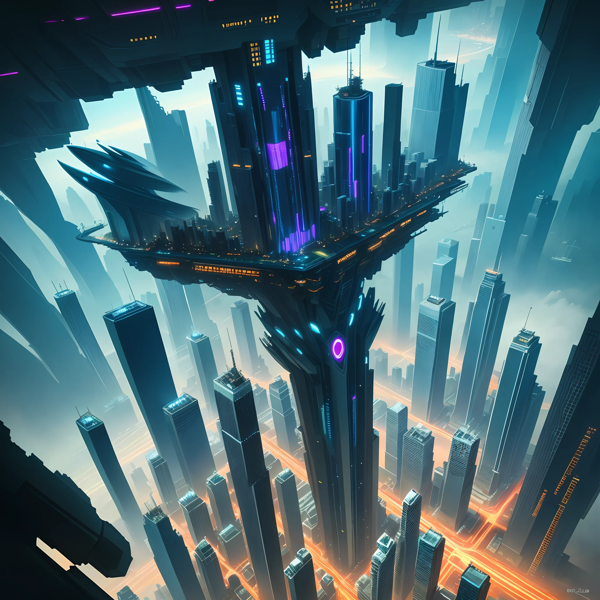 Skyscrapers from above the earth Cyberpunk sci-fi top quality ultra high resolution masterpiece perfect neon