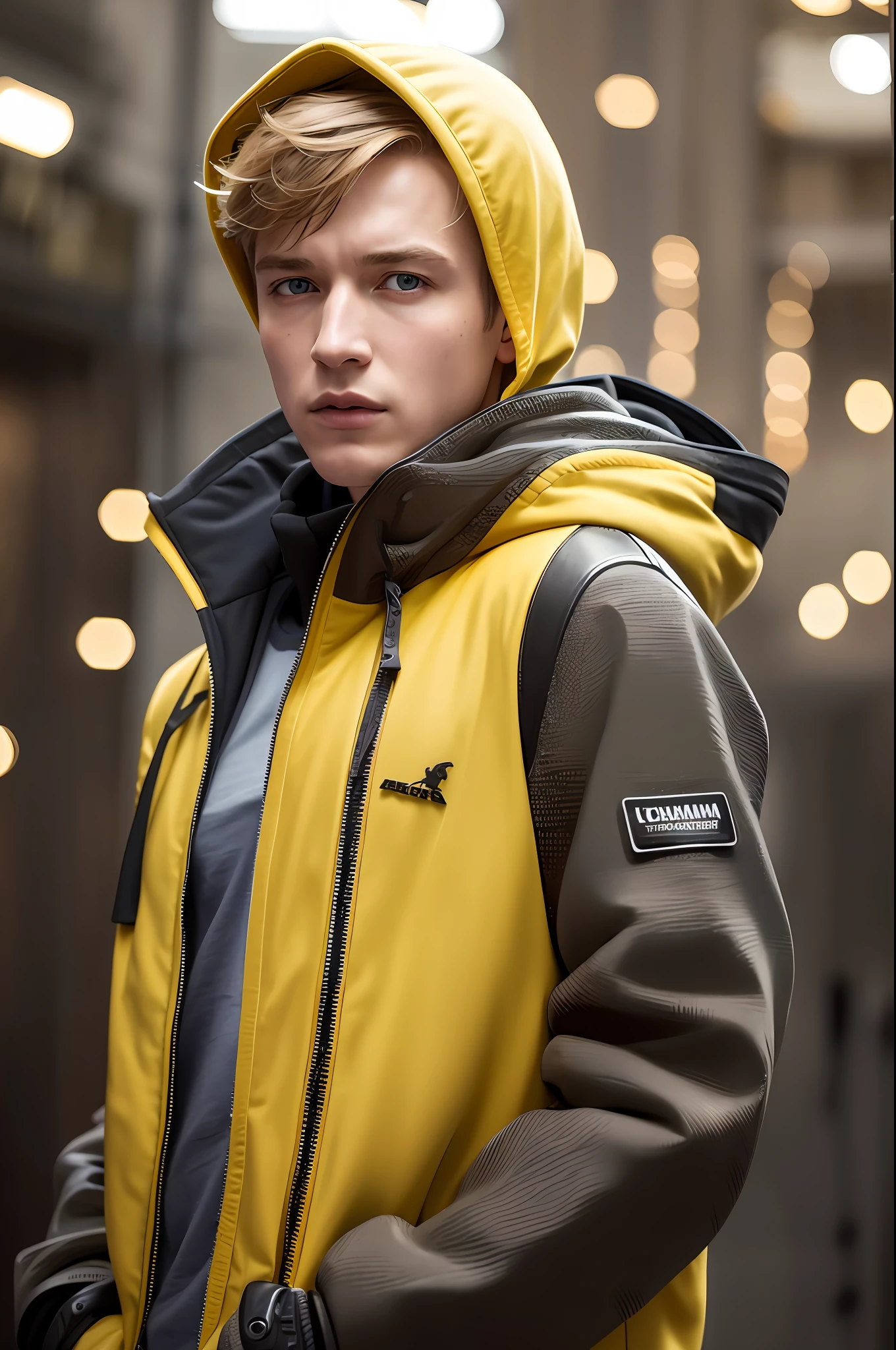 High definition image quality, 8k photo, intricate details: 1.2, cinematic lighting, German actor, Louis Hofmann, with hood and yellow jacket of the Dark series, , , , , , --q 1, DSLR --v 6 --s2