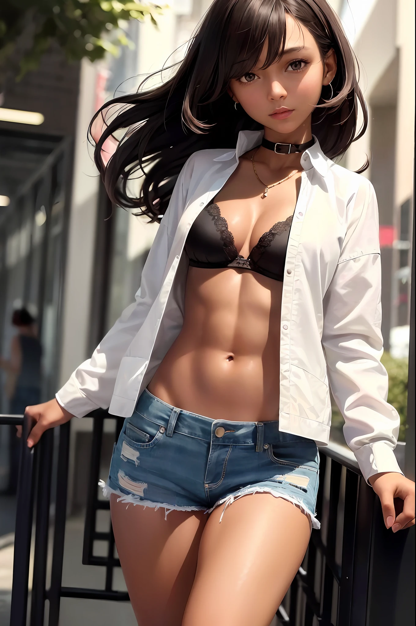 ((medium breasts, dark-skinned, tomboy girls, small head)), (chiseled abs: 1.1), (perfect body: 1.1), (short wavy hair: 1.2), brown hair, collar, chain, full-length shot, crowded street, clothes, bra, denim jacket, ((shorts)), (extremely detailed CG 8k wallpaper), (extremely delicate and beautiful), (masterpiece), (best quality: 1.0), (ultra-high resolution: 1.0), beautiful lighting, perfect lightning, realistic shadows, [high resolution],  Detailed skin, super detailed (((colorful)))