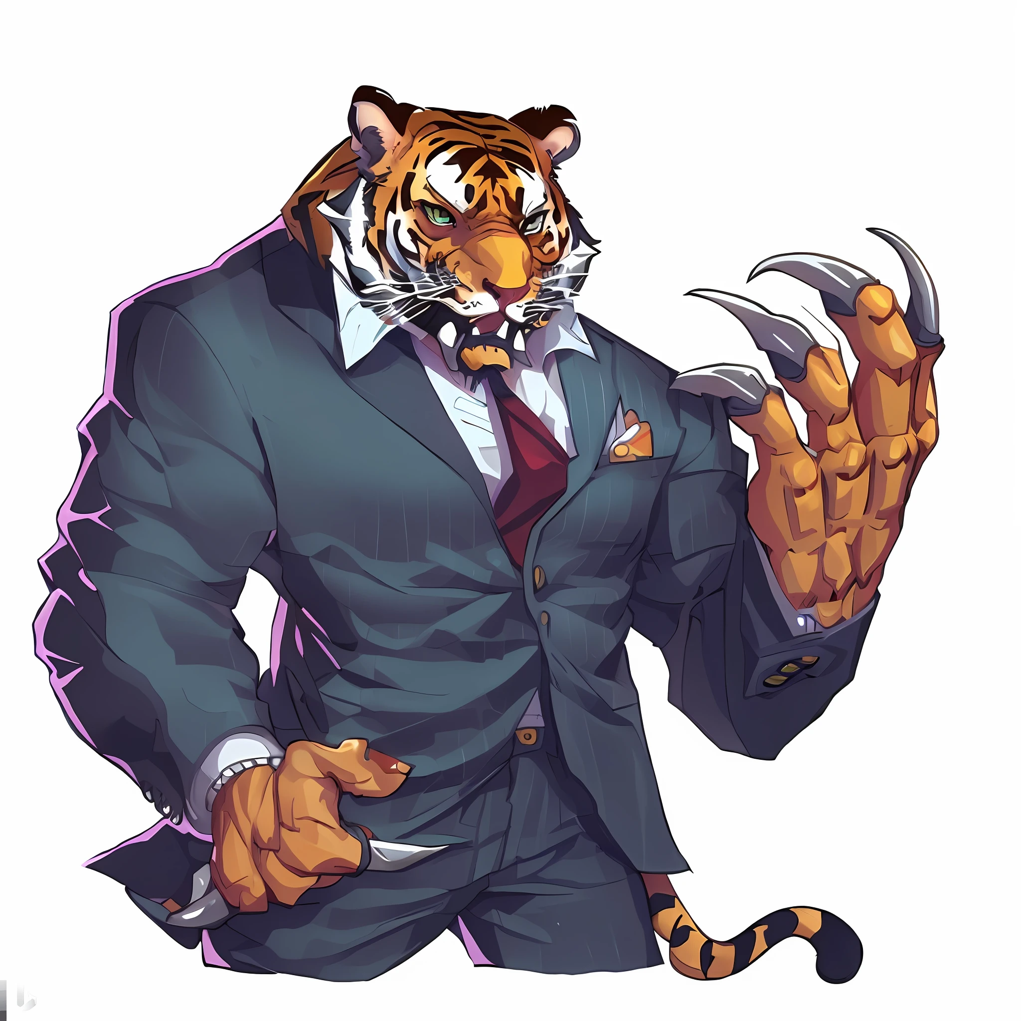 8K, realistic, charismatic, very detailed, tiger anthropomorphic, full body, digital art, red and cinematic lighting, dramatic shadows and beautiful vivid colors capture scenes. Romantic art style, sharp claws, flat perspective, character standing painting, suit, delicate suit, ray-traced image of Arthur Pan, trend on Artstation, fierce expression