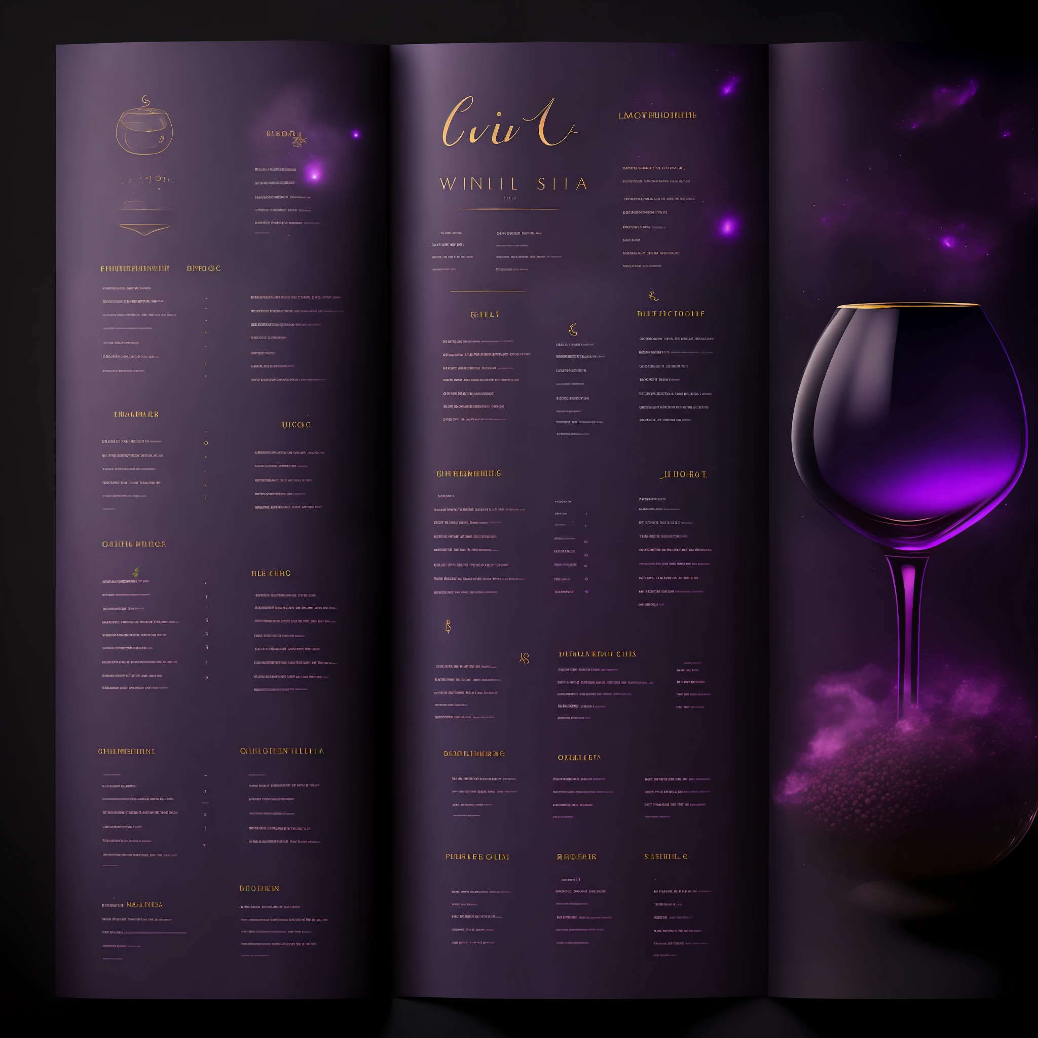 Give me a menu for a wine restaurant, with a chic style. The main color is charcoal purple. The secondary color is black. The meaning behind the images of the shop is the image of the magical universe.