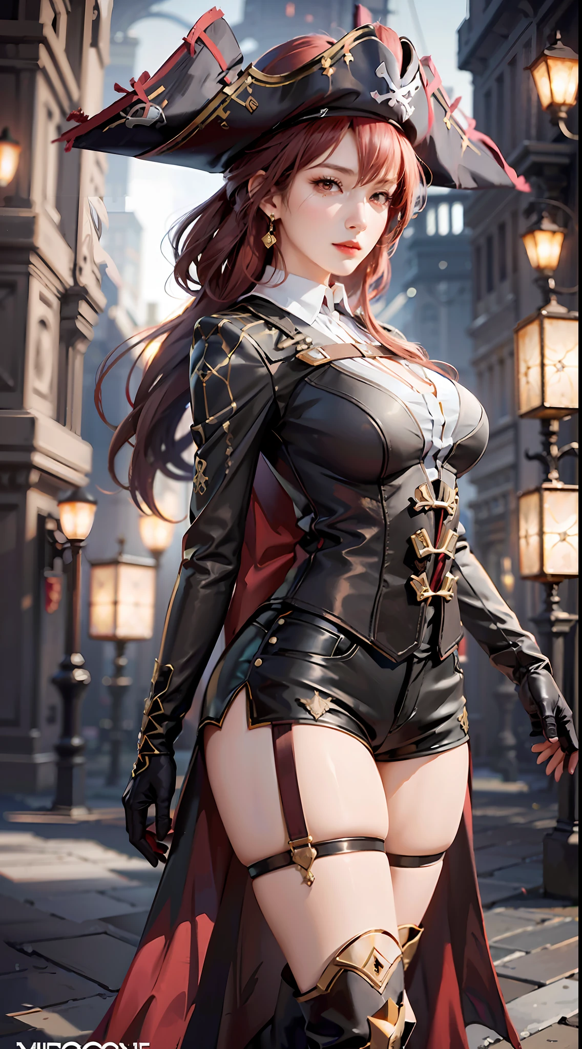 Original, close-up, steampunk, ((gear giant ship background, precision gear deck)), full body portrait, very detailed wallpaper, very detailed illustrations, (1 girl), perfect female body, beautiful eyes, (delicate face), (seductive expression), eyes, shock, ((pirate hat, pirate suit,)), (pirate, classical complex luxury pirate ship)), (red lips) (delicate and intricate black gloves), (fair skin), (best lighting), (super complex details), 4K unity, (( Super detailed CG), revealing fair legs, stockings, hot pants, shorts,