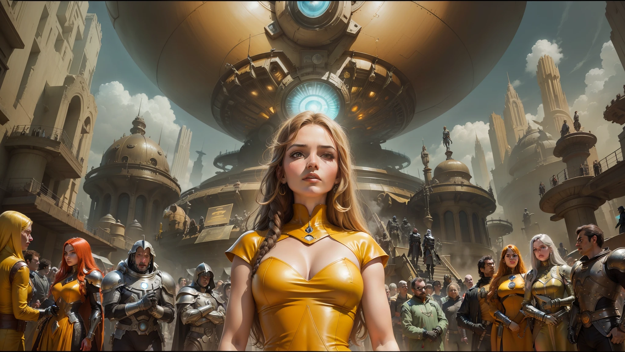 arafed image of a woman in a yellow dress standing in front of a group of people, jodorowky's dune movie, heavy metal comic cover art, still frame from a movie, mellotron, stephen hickman, transhumanist evolution, brown armor, circa 1 9 7 9, marc brunet, art foreground : eloy morales --auto --s2