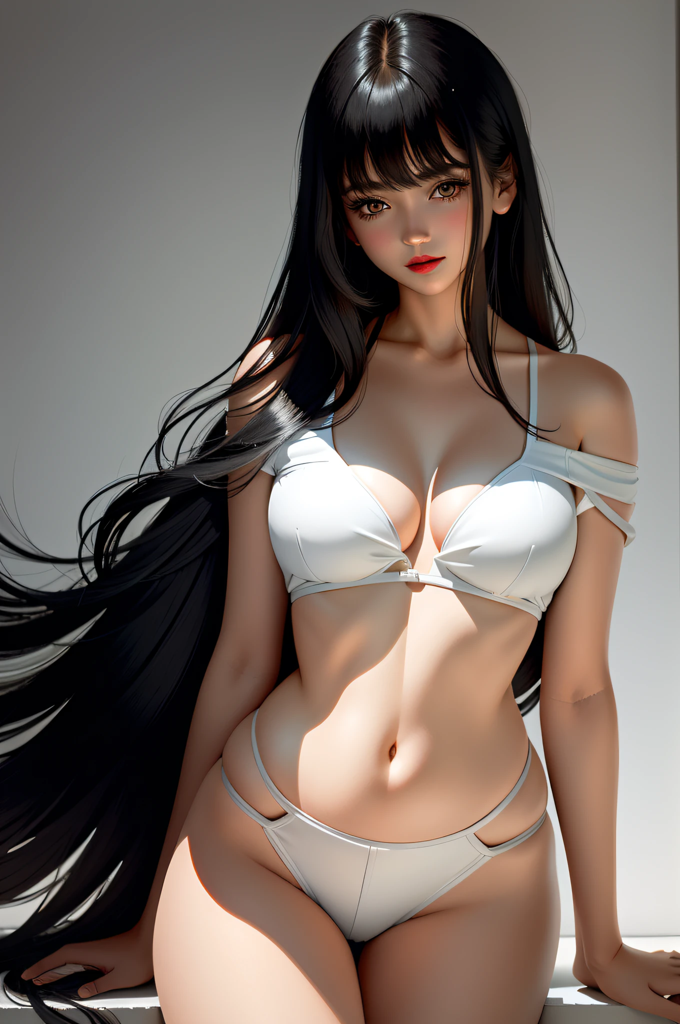 (best quality, masterpiece: 1.1), (realistic: 1.4),1girl, long black hair with bangs, bare shoulders, bare navel, different poses, sexy look with red lips; different shades of light, clean white background.