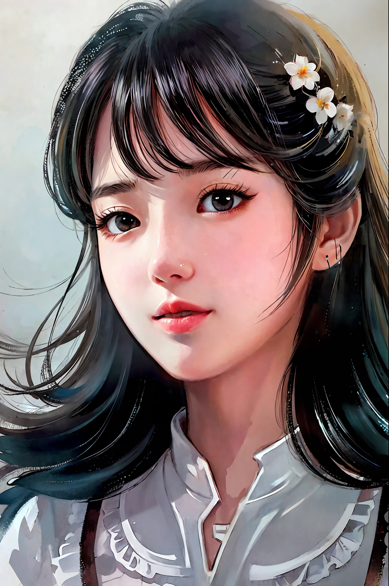 stechu,(white background:1.4), ((tachi-e)), original,(illustration:1.1),(best quality),(masterpiece:1.1),(extremely detailed CG unity 8k wallpaper:1.1), (colorful:0.9),(panorama shot:1.4),(solo:1.2), (ink splashing),(color splashing),((watercolor)), clear sharp focus,{ 1girl standing },((korean style )),flower background,outdoors,rocks, looking at viewer, make happy expressions,soft smile,pure,beautyfull detailed face and eyes,beautyfull intricacy clothing decorative pattern details, black hair,black eyes,colorwater