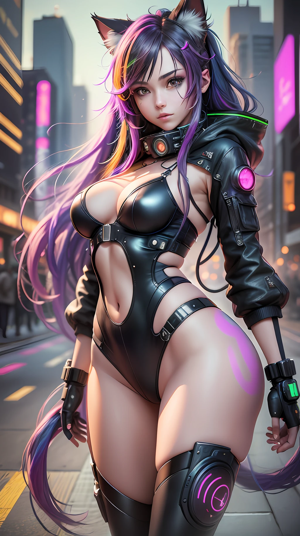 beautiful photorealistic photograph of a cyberpunk catgirl with long multicolor hair and swishing tail, ((Best quality)), ((masterpiece)), (detailed: 1.4), depth of field f/2.8
