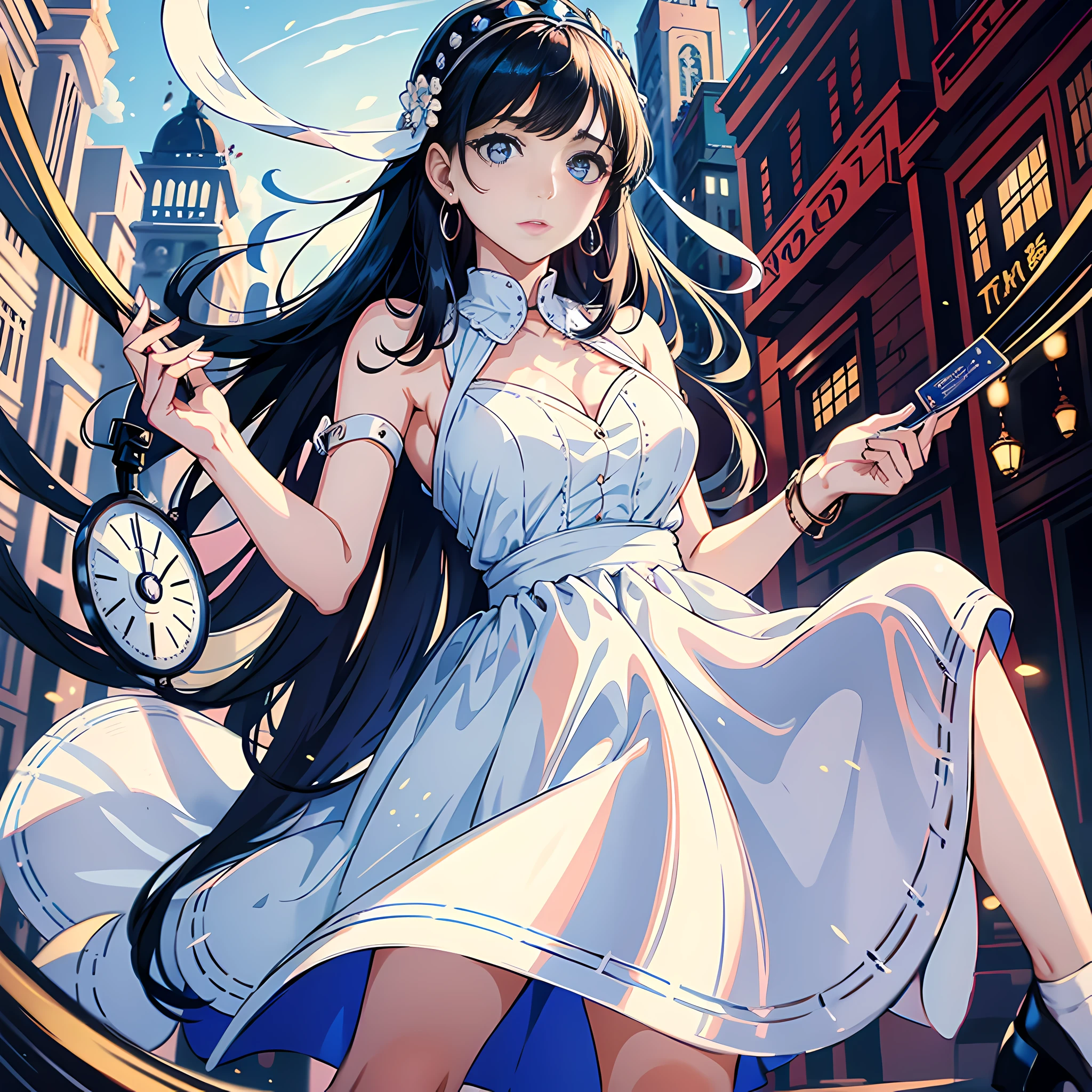 1 woman, delicate face, black hair, blue pupils, white dress, satchel, elegant, surreal