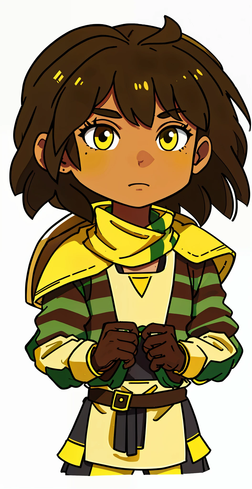 dark brown hair, yellow skin, yellow and green striped scarf, armor, hd, highres
