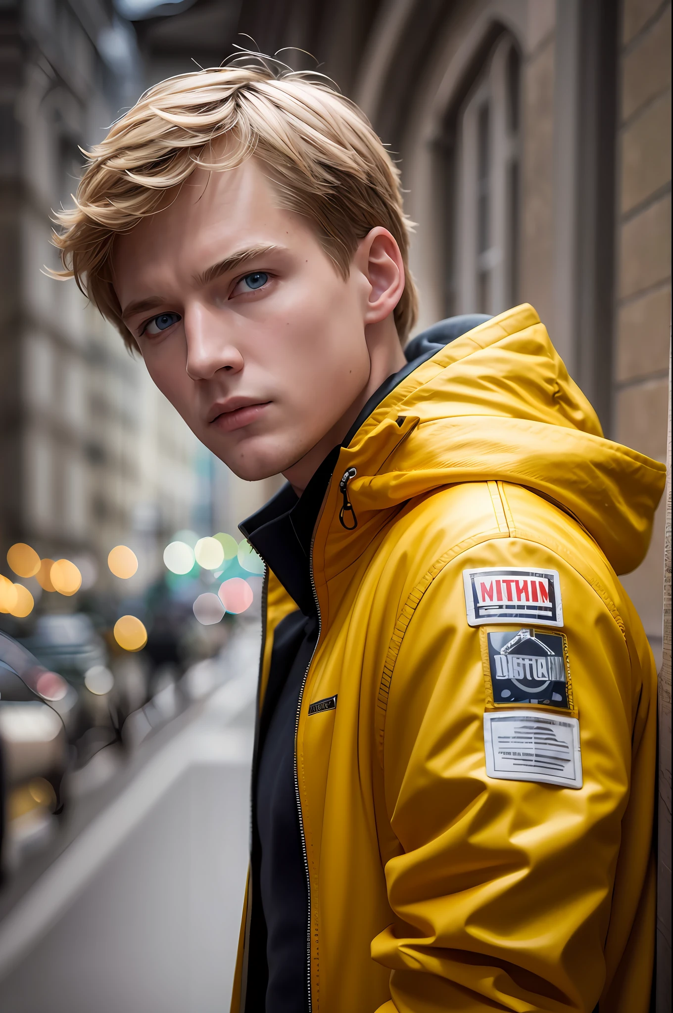 High definition image quality, 8k photo, intricate details: 1.2, cinematic lighting, German actor, Louis Hofmann, with hood and yellow jacket of the Dark series, , , , , , --q 1, DSLR --v 6 --s2