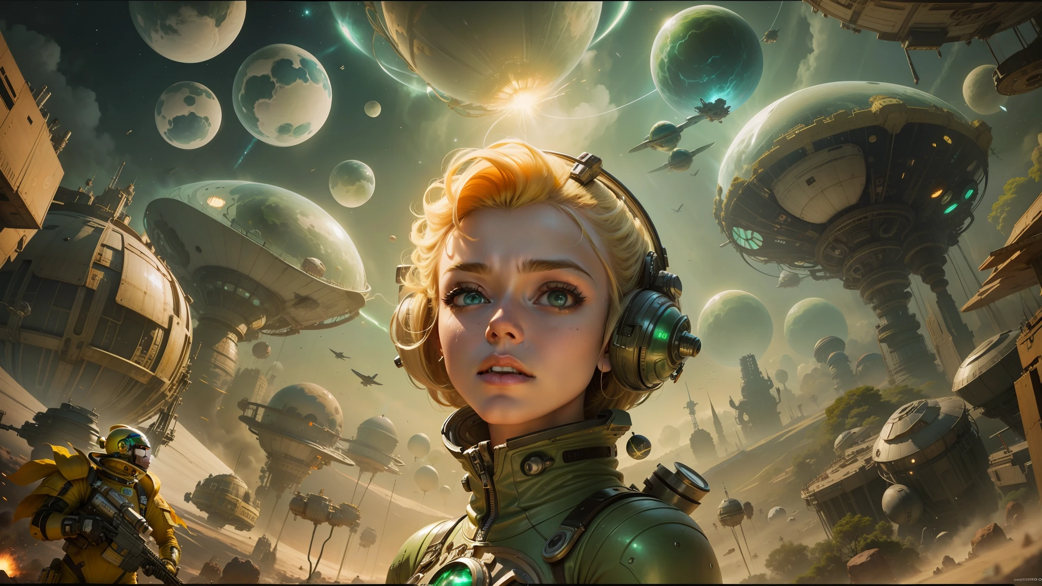 arafed image of a woman in a space suit surrounded by space junk, inspired by Gil Elvgren, a blonde emerald warrior, exploding planet in background, futuristic ballroom. big eyes, promotional artwork, futuristic cloning facility, infected mushroom, [ bubbles, portrait of a blonde woman, high definition cgsociety, by Justin Sweet, hi - fructose art magazine --auto --s2