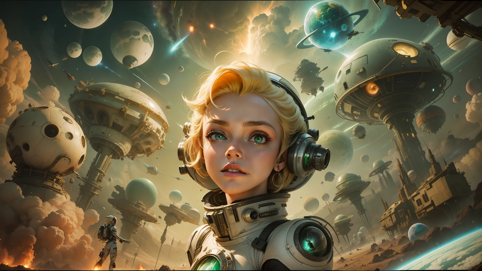 arafed image of a woman in a space suit surrounded by space junk, inspired by Gil Elvgren, a blonde emerald warrior, exploding planet in background, futuristic ballroom. big eyes, promotional artwork, futuristic cloning facility, infected mushroom, [ bubbles, portrait of a blonde woman, high definition cgsociety, by Justin Sweet, hi - fructose art magazine --auto --s2