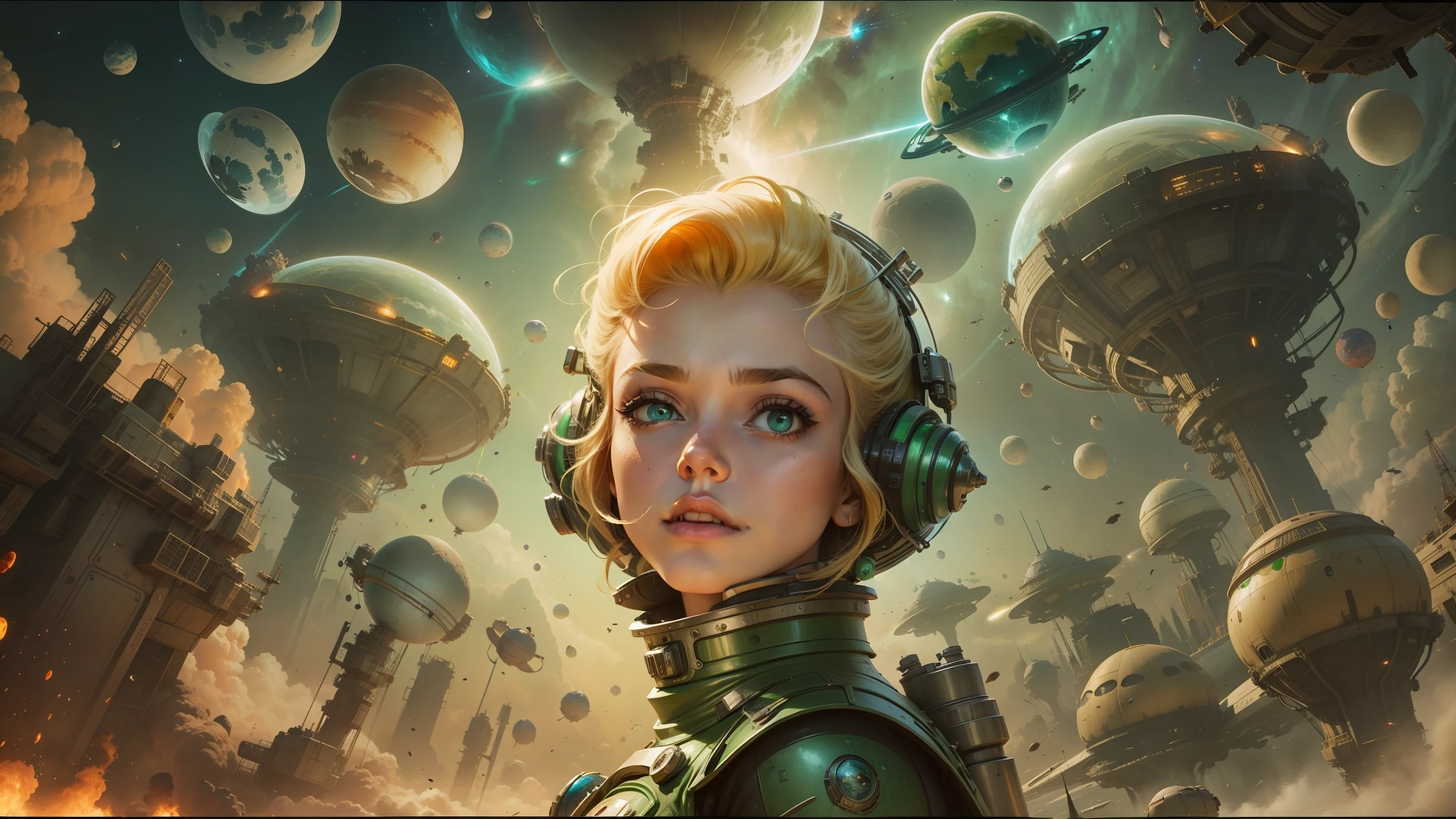 arafed image of a woman in a space suit surrounded by space junk, inspired by Gil Elvgren, a blonde emerald warrior, exploding planet in background, futuristic ballroom. big eyes, promotional artwork, futuristic cloning facility, infected mushroom, [ bubbles, portrait of a blonde woman, high definition cgsociety, by Justin Sweet, hi - fructose art magazine --auto --s2