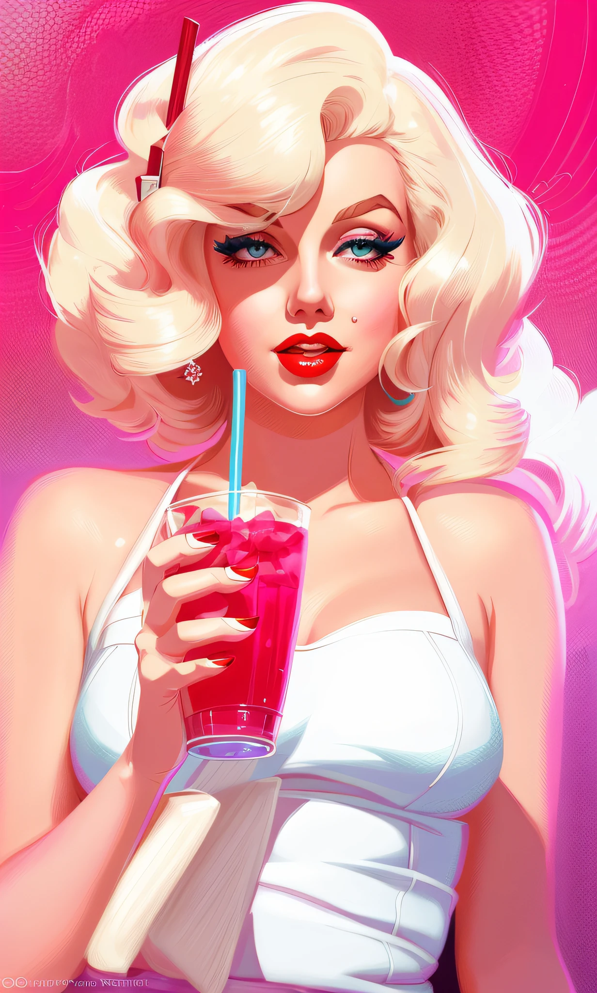 a close up of a Marilyn Monro with a drink in her hand, in style of digital illustration, pinup art, lois van rossdraws, artstyle : ilya kuvshinov, deviantart artstation cgscosiety, stunning digital illustration, soda themed girl, beautiful retro art, jen bartel, milkshake, matte digital illustration, glossy digital painting