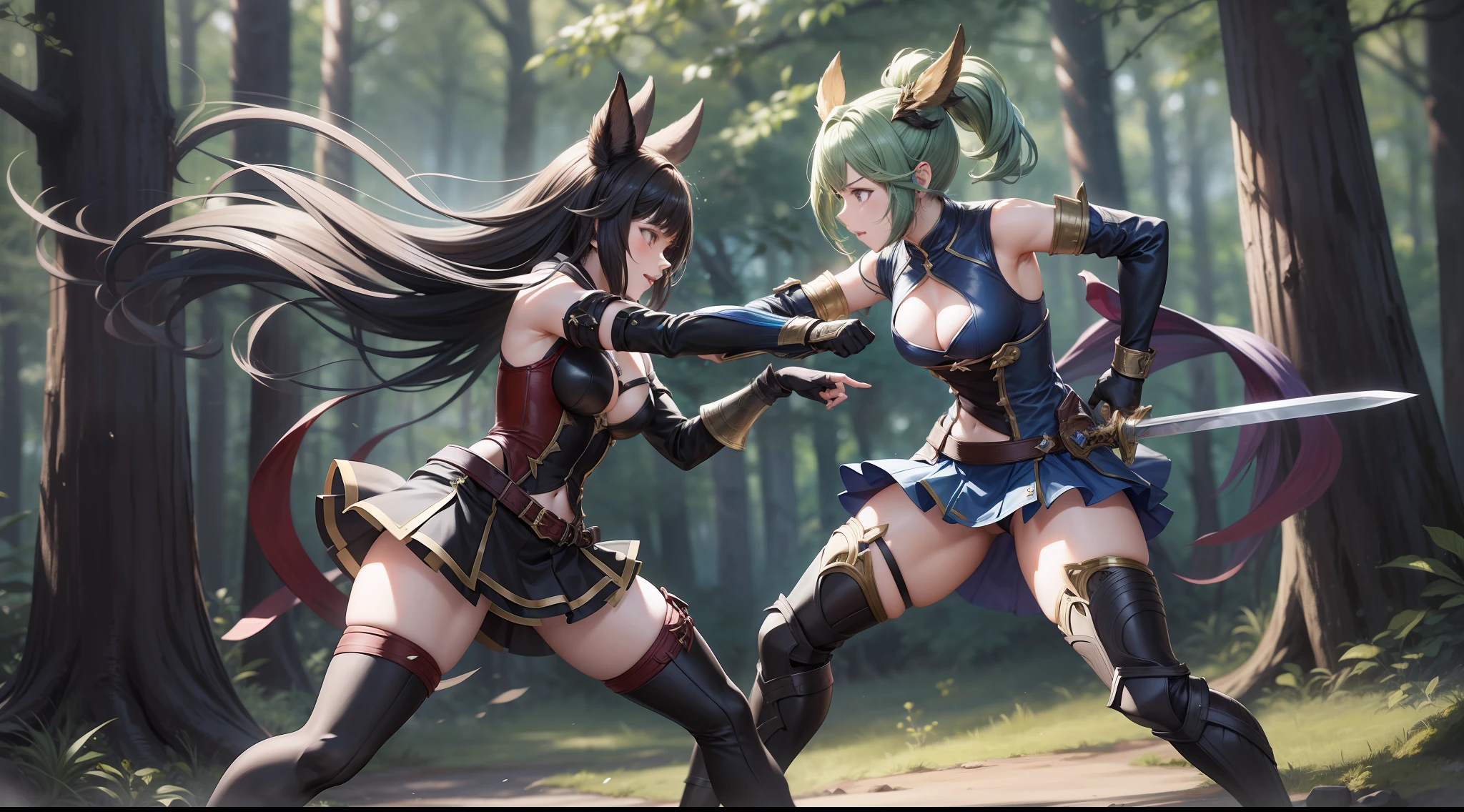 Full body shot of two female from Granblue Fantasy dueling in sword fighting. Both of the warriors has their short sword drawn. The fight is intense and deadly, as one of them is defeated. The victor looks resolute and determined to end the match. They are wearing long gloves and black thigh highs, perfectly match their detached sleeves and skirt, all of which compliment their powerful fighting stance. Set in the lush background of the forest. No NSFW picture.