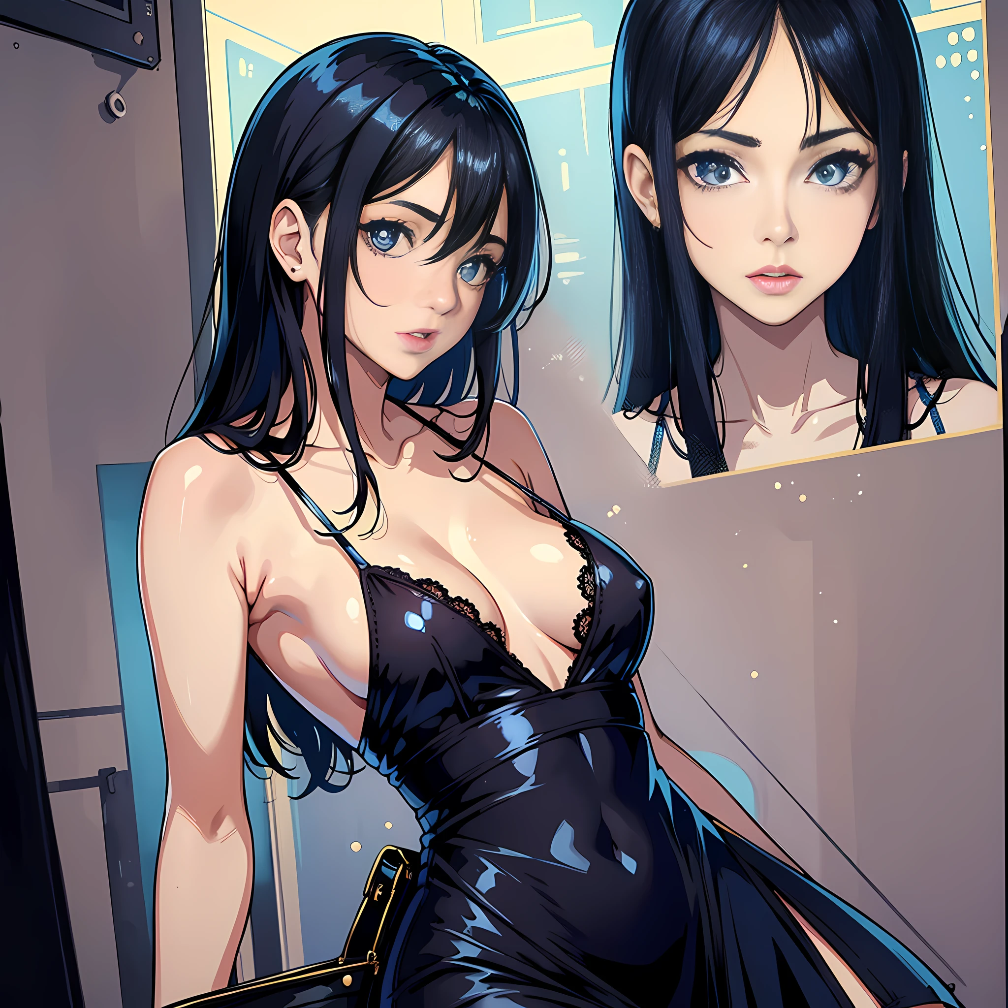 1 woman, delicate face, black hair, blue pupils, tight little slip dress, satchel, sexy, surreal