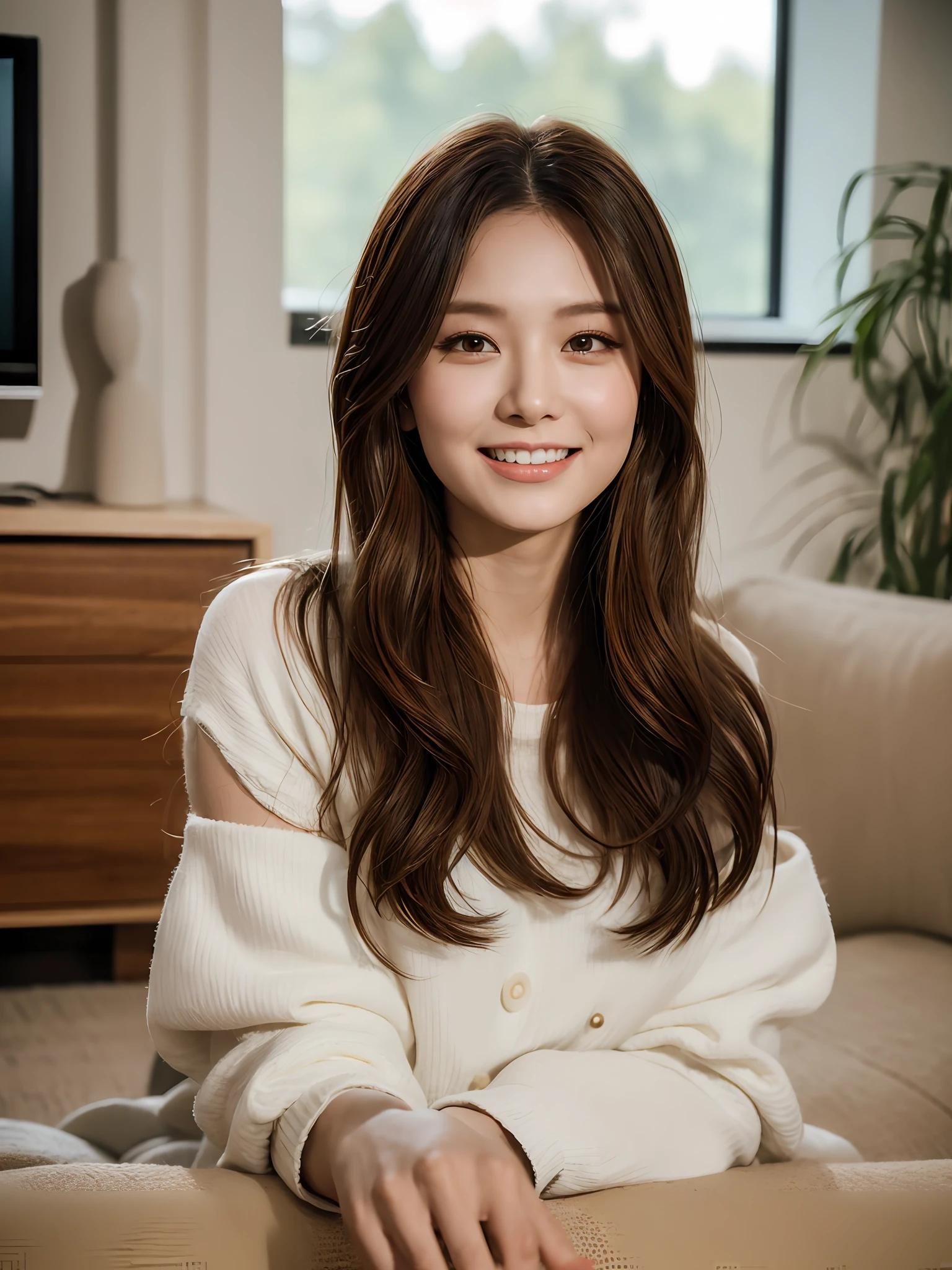 (A GIRL: 1.6), (lora:russianDoll:0.4), (lora:TaiwanDoll:0.4), (best quality, 8k, masterpiece: 1.3), focus 1.2, perfect body beauty: 1.4, highly detailed face and skin texture, delicate eyes, double eyelids, whitened skin, long hair split edges, (round face: 1.4), looking at the audience, leaking teeth and laughing, sitting next to the audience, window, (Full body: 1.1), home, sofa, lamp, tea cup, TV, coffee table, flowers, (warm color: 1.5), (dim light: 1.2)