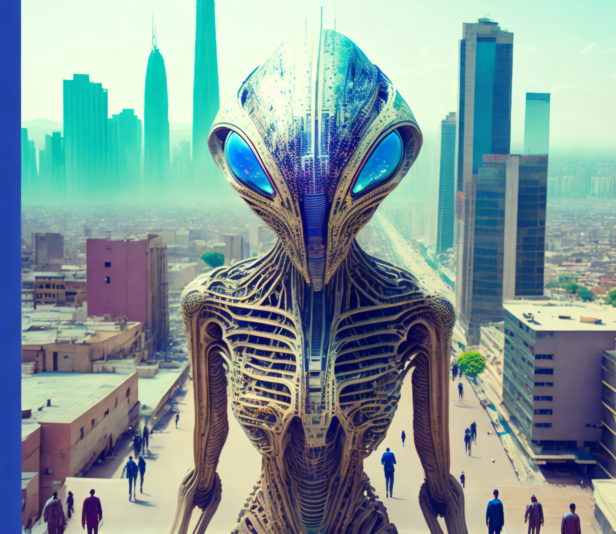 Human-looking alien standing full body, from above watching a city, cinematic lighting, (by (Daniel Mernagh) (Carne Griffiths) Monika Nowak), highly detailed, detailed, soft-bodied, alien face