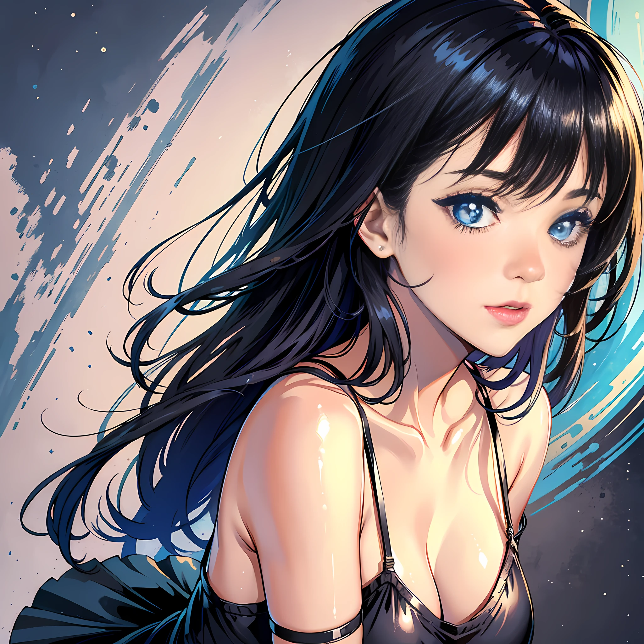 1 woman, delicate face, black hair, blue pupils, tight little slip dress, satchel, sexy, surreal