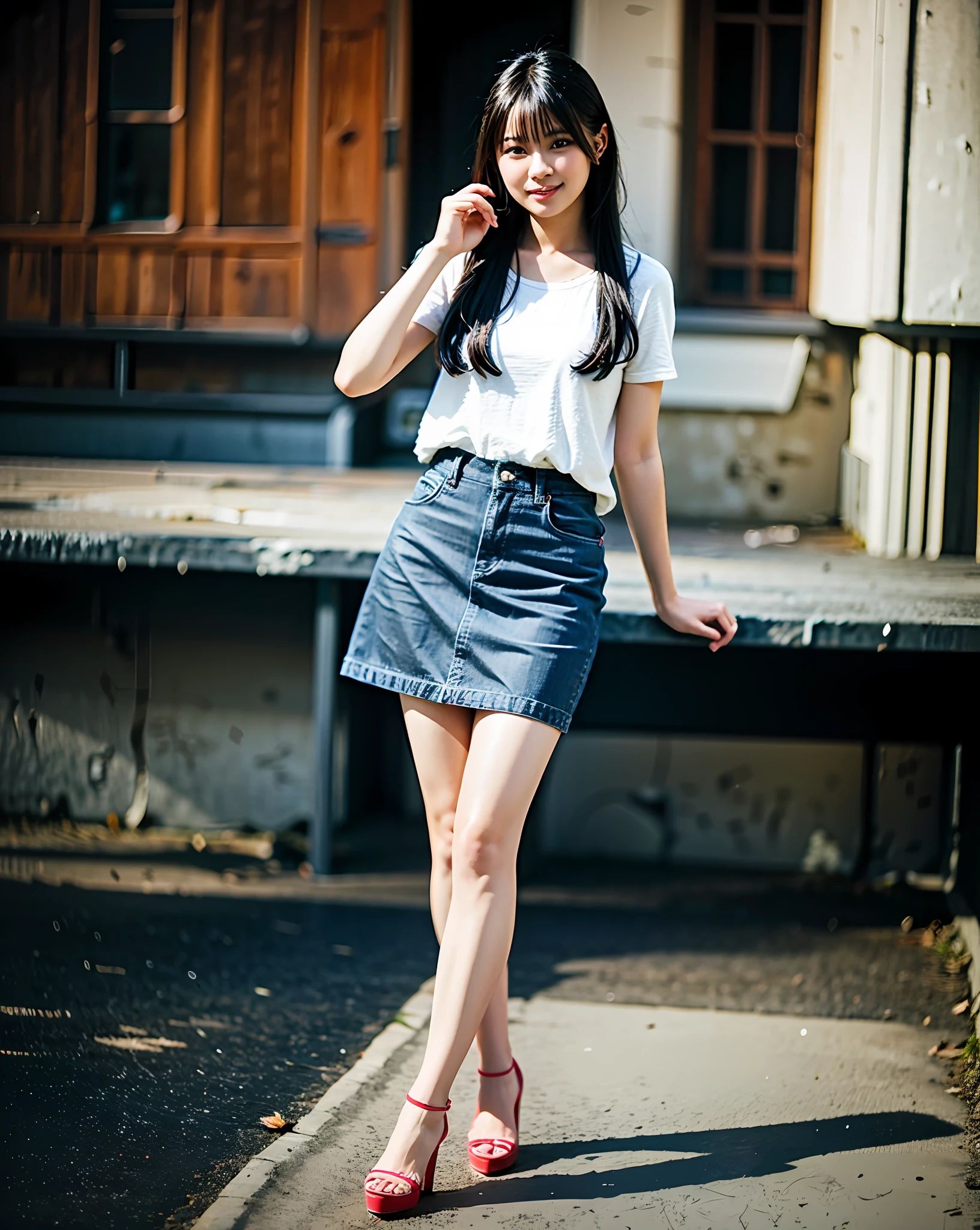 Best Quality, High Resolution, 8k, 1girl, (Big), Denim skirt, red bra, soft lighting, looking viewer, smile, full body, full body, standing, standing, beautiful legs, feet, high heels, hands horizontally horizontal, solo, ulzzang-6500-v1.1, (raw photo: 1.2), (photorealistic: 1.4), beautiful detailed girl, very detailed eyes and face, beautiful detailed eyes, (8K, RAW Photo, Best Quality, Masterpiece: 1.2), (Realistic, Photorealistic: 1.37), Professional Lighting, Photon Mapping, Radiosity, Physically Based Rendering, Blurry Background, Depth "of Field",