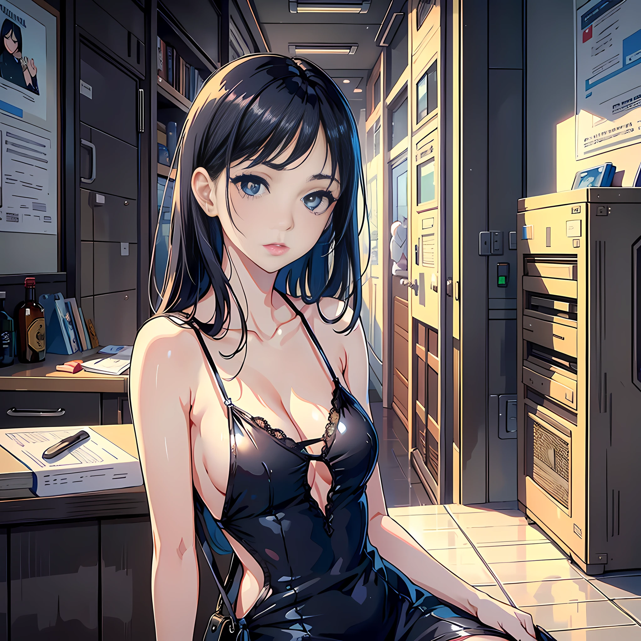 1 woman, delicate face, black hair, blue pupils, tight little slip dress, satchel, sexy, surreal