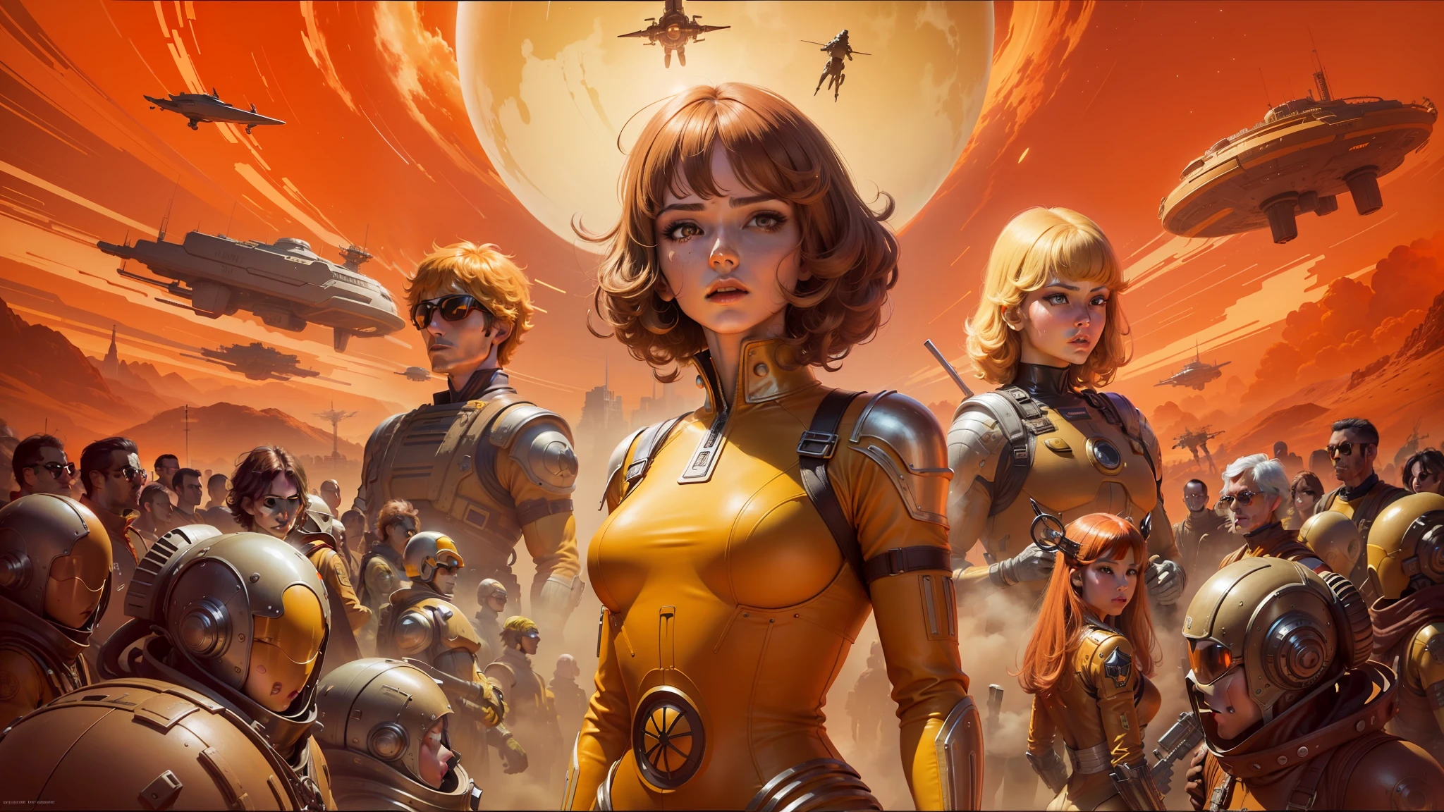 a close up of a woman in a yellow outfit standing in front of a group of people, 7 0 s science fiction art, pixiv frontpage, inspired by Didier Mouron, barbarella, hypermaximalist, orange hue, the style of wlop, heavy metal album cover, female protagonist --auto --s2