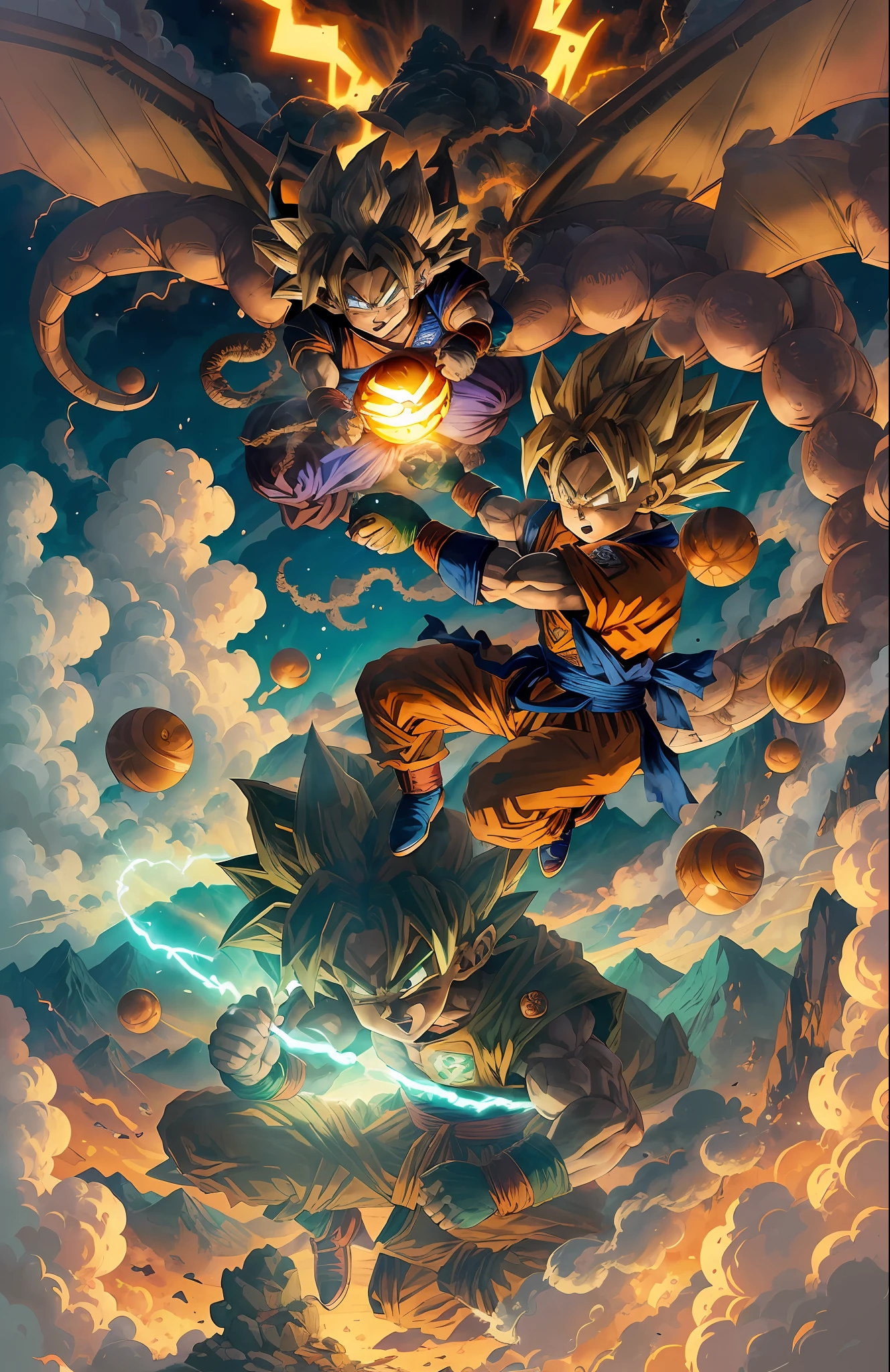 Mandrake, (Goku kid dragon ball holding a dragon ball), clouds, mountain, white background, art with clean lines, art with fine lines, super detailed painting, vector design, illustration style, shades of tonalism, American promotional poster, ornate style, Studio Ghibli colors. --auto --s2