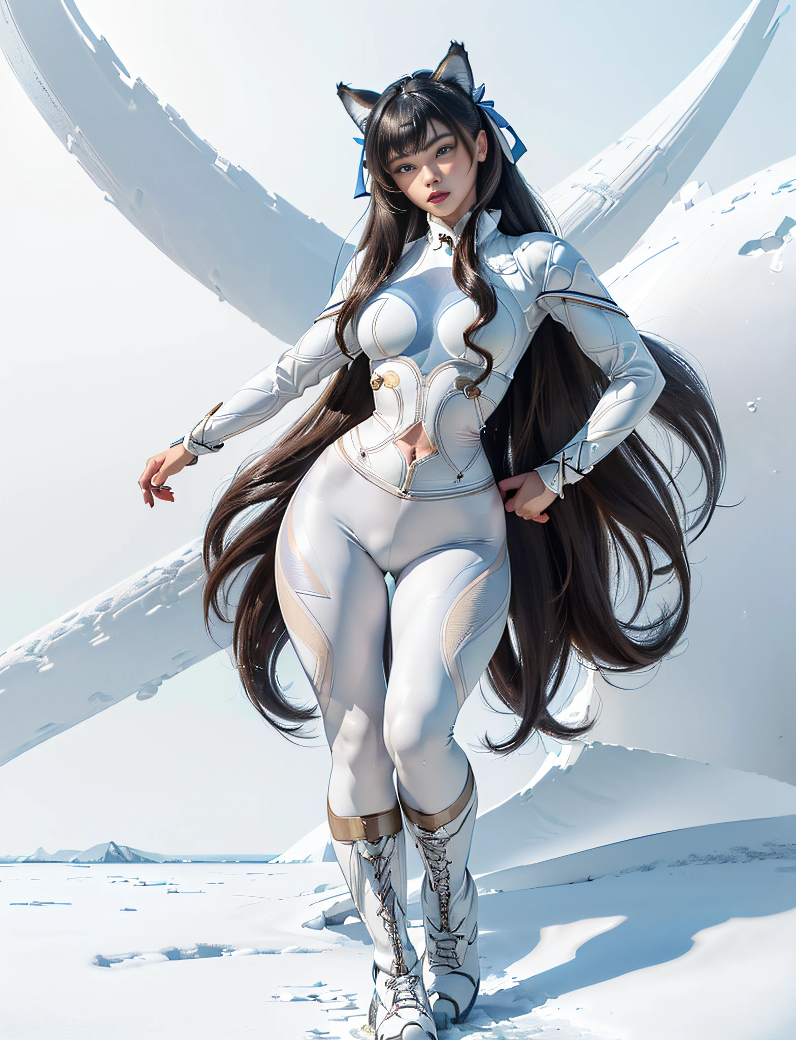 ((very detailed RAW color photo)), (((1 girl))), (((alone))), (((30 years))), ((athletic)), ((very defined toned physique)), ((very defined and beautiful muscular body)), (((very detailed perfect body))), (((small and defined breasts))), (((ultra defined curves))), (((superior quality, 8k, masterpiece: 1.3)), sharp focus: 1.2, (((extremely beautiful girl with perfect figure: 1.4))), ((very thin waist: 1.2)), ultra detailed skin texture,  ((perfect and beautiful hands)), ((smooth and soft skin)), (ultra detailed fabric texture), extremely beautiful face ultra detailed, (((extremely beautiful))), ultra detailed, (((girl wearing a white snow jacket and tight snow leggings with very modern hiking boots))), (((the suit is white and modern))), (((extremely long curly blonde hair))), extremely beautiful, (((extra long ponytail with bangs))),  ((very detailed and beautiful wolf ears)), (hair on the face), ((hair ribbon)), dynamic pose, ((uniform leaves thighs exposed)), ((ultra detailed and toned legs)), (((ultra detailed waist))), (((very wide hips))), (((very thick and toned thighs))), (sexy), (((extreme hourglass figure))), (((very thick heart lips))), (((red lipstick)), ((ultra detailed lips)),  ((ultra detailed blue eyes)), ((angry look)), (((staring at the viewer))), ultra detailed provocative mouth, extremely beautiful seductive lips, ((blushing)), (makeup), (((ultra defined waist))), eye shadow, (full body shot), with an ice field in the background, snowing