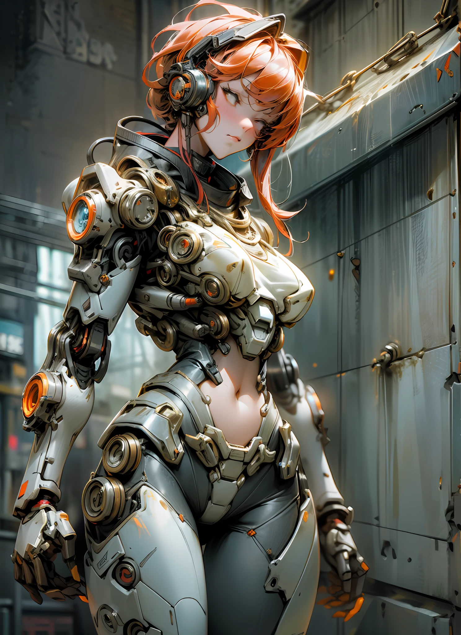 Dark_Fantasy,Cyberpunk,(chain saw,chain saw girl,Red:1.1),1 sexy girl wearing mechanical marvel,Robotic presence,Cybernetic guardian, wearing a worn-out mech suit, intricate, (steel metal [rusty]), elegant, clear focus, shot by greg rutkowski, soft lighting, vibrant colors, masterpiece, ((street)), cowboy shot, dynamic pose