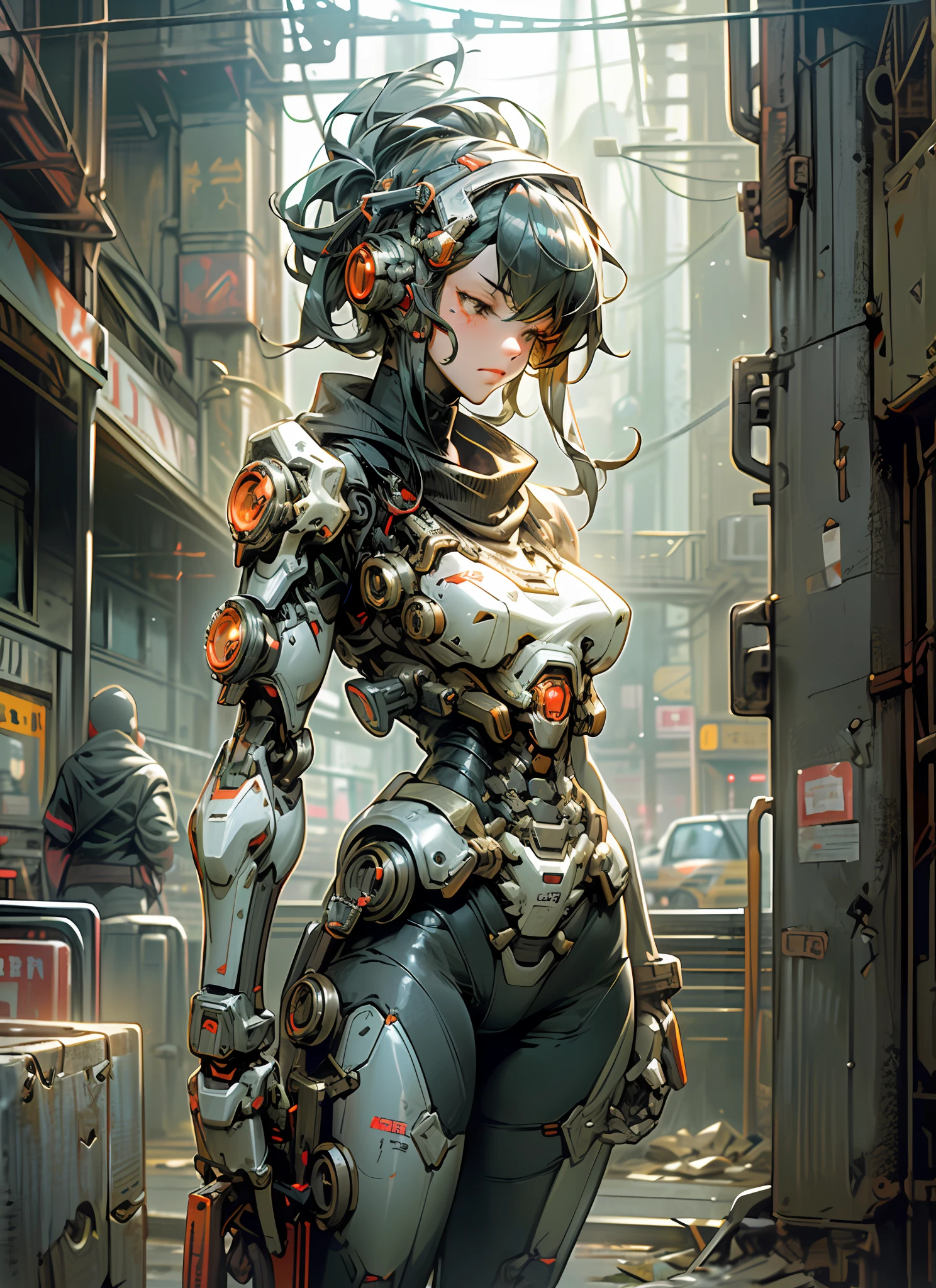 Dark_Fantasy,Cyberpunk,(chain saw,chain saw girl,Red:1.1),1 sexy girl wearing mechanical marvel,Robotic presence,Cybernetic guardian, wearing a worn-out mech suit, intricate, (steel metal [rusty]), elegant, clear focus, shot by greg rutkowski, soft lighting, vibrant colors, masterpiece, ((street)), cowboy shot, dynamic pose