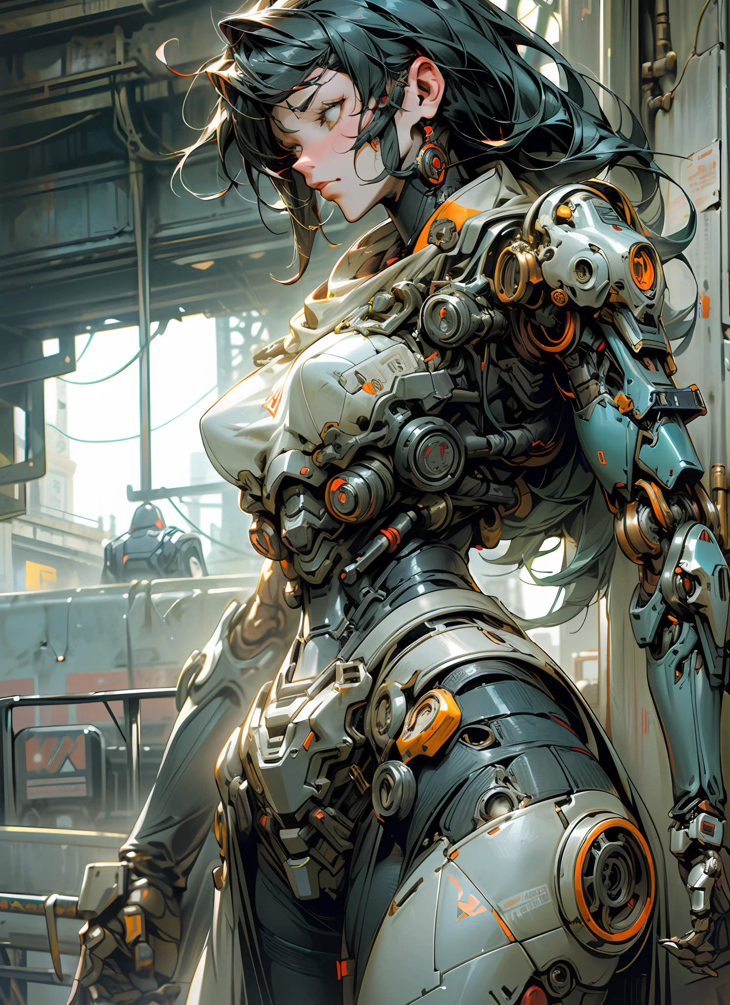 Dark_Fantasy,Cyberpunk,(chain saw,chain saw girl,Red:1.1),1 sexy girl wearing mechanical marvel,Robotic presence,Cybernetic guardian, wearing a worn-out mech suit, intricate, (steel metal [rusty]), elegant, clear focus, shot by greg rutkowski, soft lighting, vibrant colors, masterpiece, ((street)), cowboy shot, dynamic pose