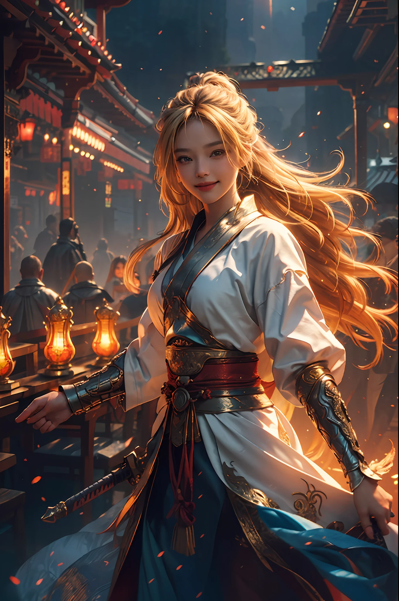 (RAW Photo, Best Quality), (Realistic, Photorealistic True: 1.3), Best Quality, Highly Detailed, Masterpiece, Hyper Detail, Illustration, 1 Girl, Smile, Blonde Hair, Blonde Clothes, Wield a Swords, upper_body, Dynamic Angle, World Mastery Theatre, Flying Long Hair, Fluores Cent Red, Dynamic Fire Inbackground, Best Quality, Extremely detailed CG unified 8k wallpapers, ink, amazing, movie lights, lens_flare, wuxia_style