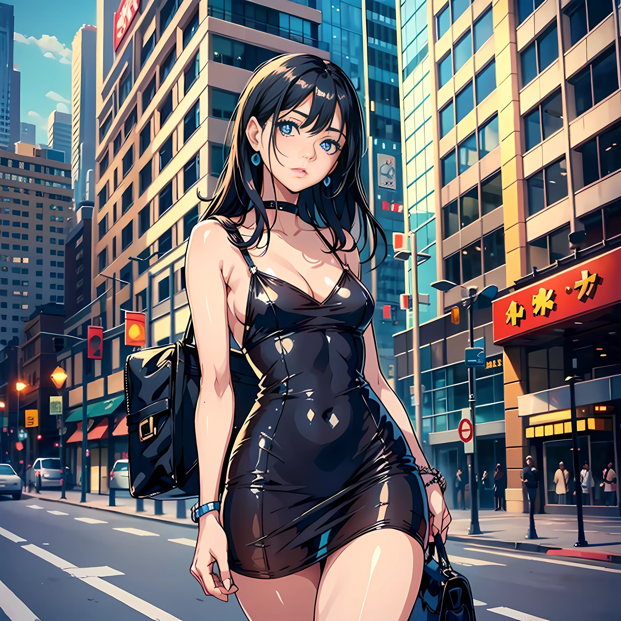 1 woman, delicate face, black hair, blue pupils, tight little slip dress, satchel, sexy, hotel, surreal