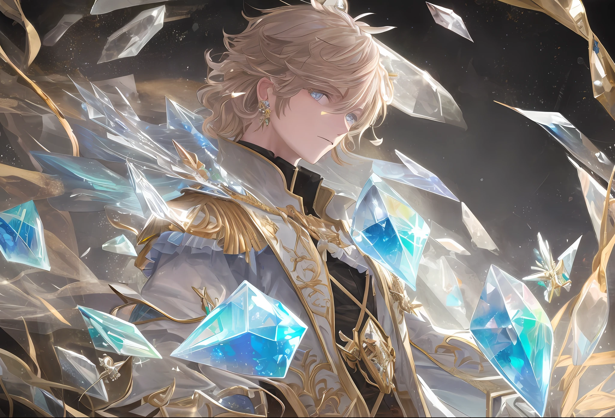 Extreme detail, high definition, 8k, masterpiece, masterpiece, depicting delicate hands, low saturation, beautiful boys, male, fluttering hair and clothes, depicting delicate facial features, depicting delicate eyes, opal-like eyes, light hair, earrings, crystals, glass, sparkling, shiny, diamond-like transparent hair, hair refracting rainbow light, diamonds, crystal fragments
