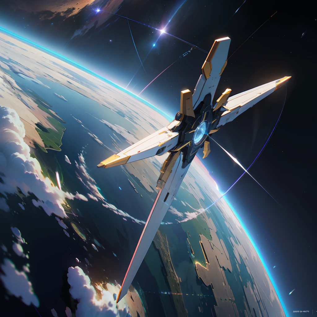 masterpiece, best quality, high quality, 8k extremely detailed CG unit wallpaper, award-winning photography, Bokeh, Depth of Field, HDR, bloom, chromatic aberration, photorealistic, extremely detailed, trend in artstation, trend in CGsociety, Planet earth in space, cross of pure light in space, "the Cross of light releases several rays of light on the earth"