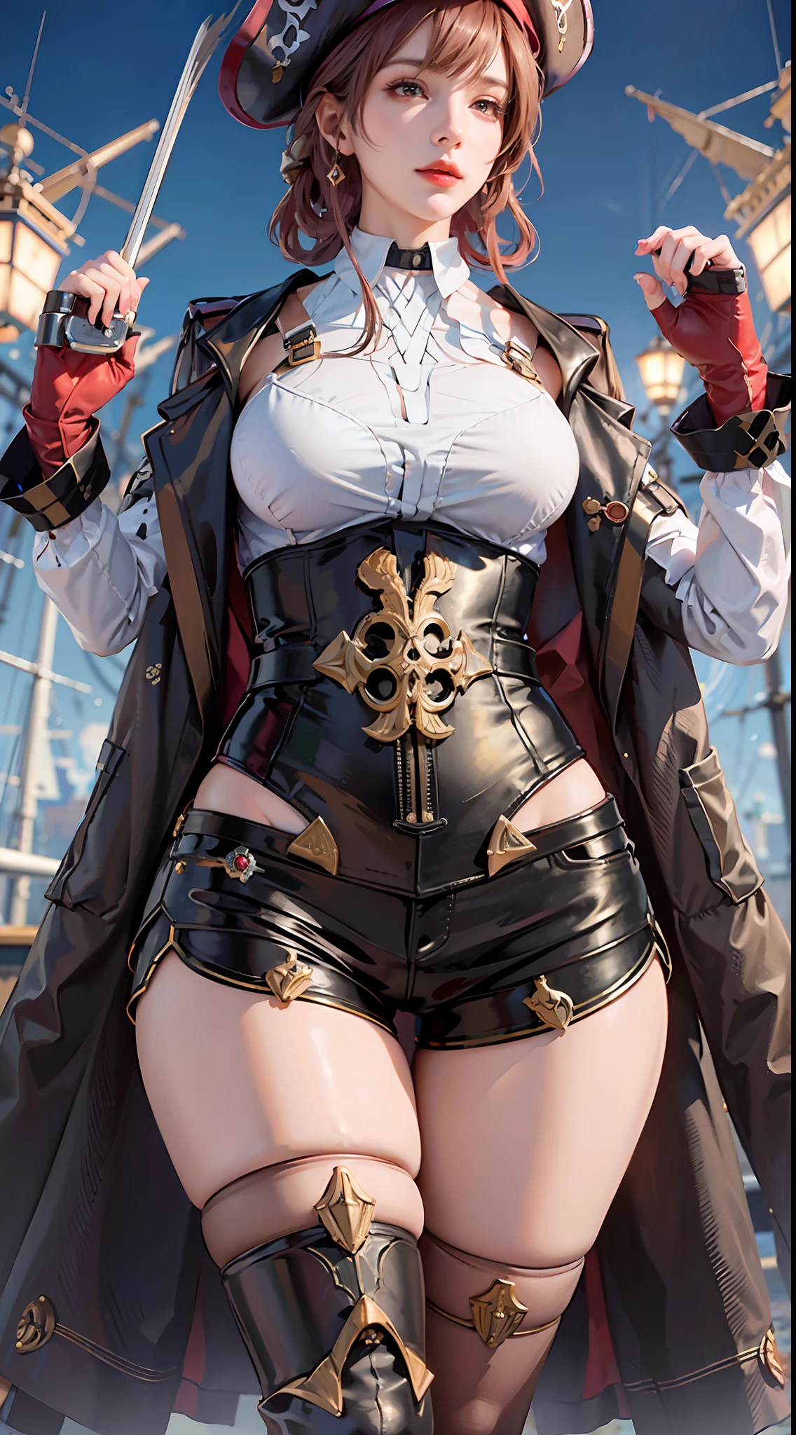 Original, close-up, steampunk, ((gear giant ship background, precision gear deck)), full body portrait, very detailed wallpaper, very detailed illustrations, (1 girl), perfect female body, beautiful eyes, (delicate face), (seductive expression), eyes, shock, ((pirate hat, pirate suit,)), (pirate, classical complex luxury pirate ship)), (red lips) (delicate and intricate black gloves), (fair skin), (best lighting), (super complex details), 4K unity, (( Super detailed CG), revealing fair legs, stockings, hot pants, shorts,
