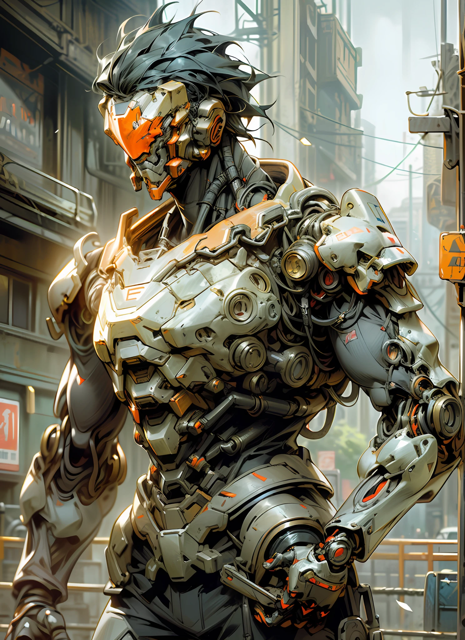 Dark_Fantasy,Cyberpunk,(chain saw,chain saw man,Red:1.1),1 man wearing Mechanical marvel,Robotic presence,Cybernetic guardian, wearing a worn-out mech suit, intricate, (steel metal [rusty]), elegant, clear focus, shot by greg rutkowski, soft lighting, vibrant colors, masterpiece, ((street)), cowboy shot, dynamic pose,