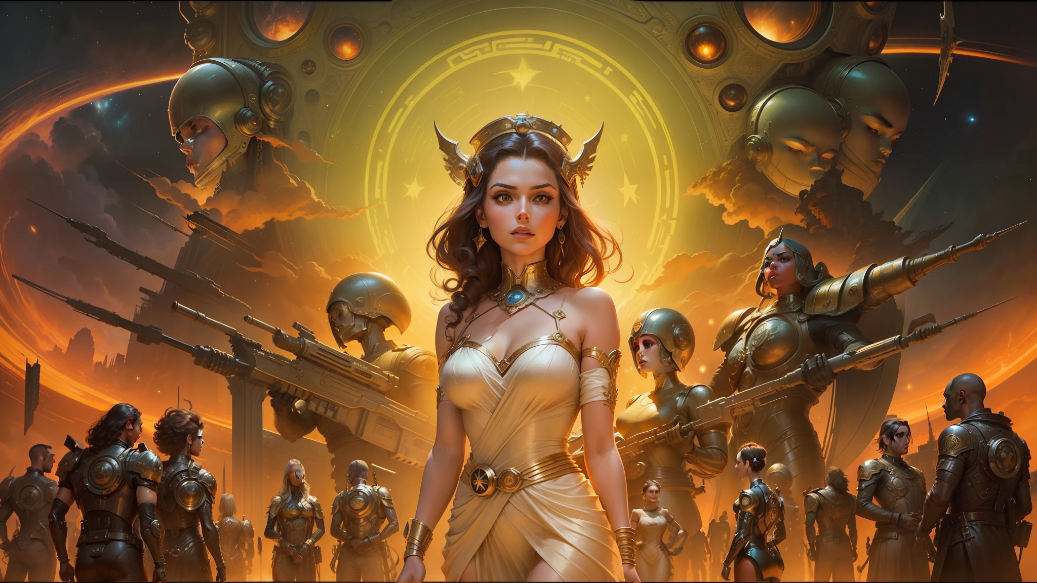 a close up of a woman in a dress standing in front of a painting, as a retro futuristic heroine, rapture, youtube thumbnail, style of donato giancola, heavy metal album cover, goddess of war, tomorrowland, mark powell, energetic beings patrolling, atomic stars --auto --s2