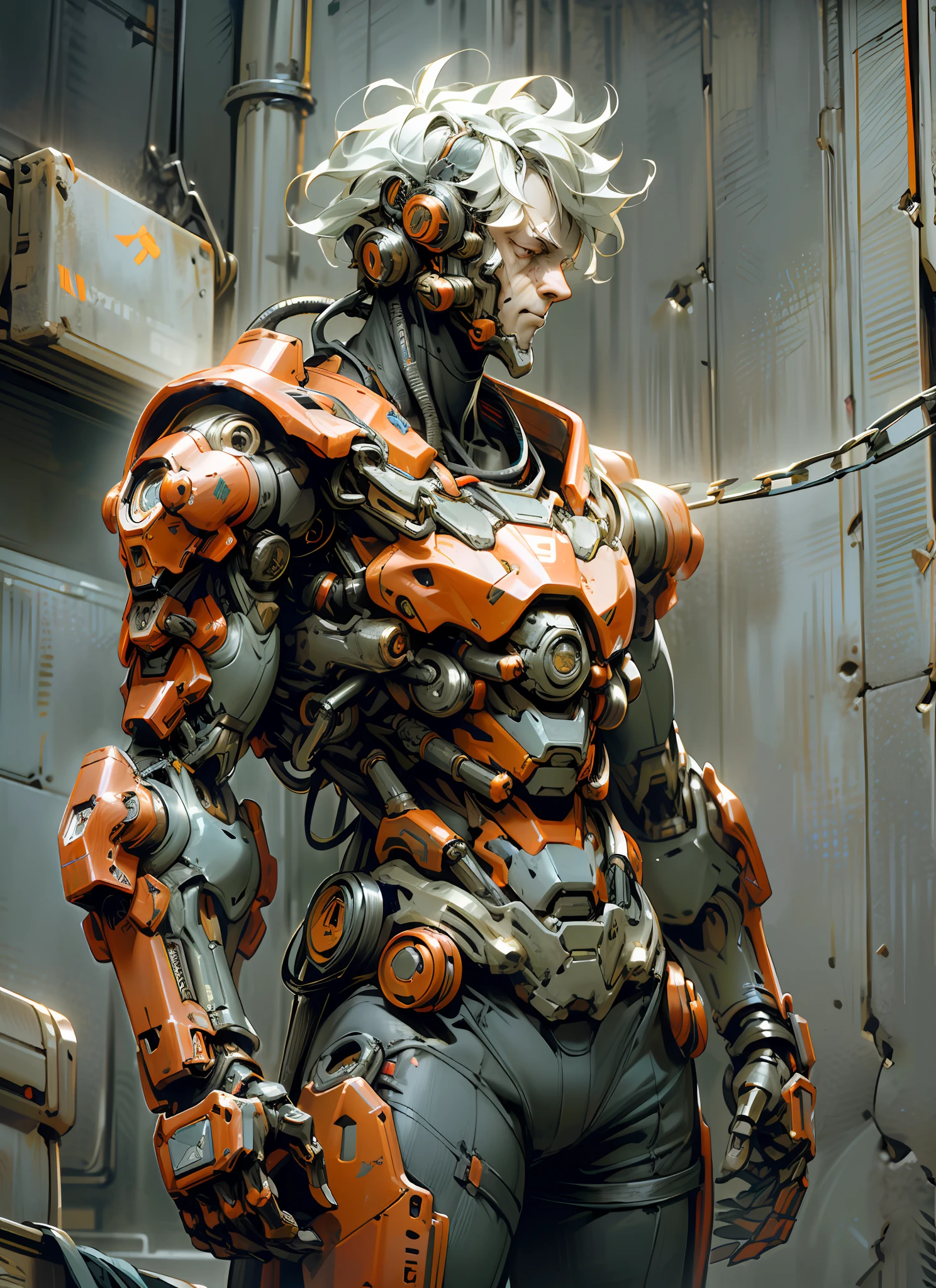Dark_Fantasy,Cyberpunk,(chain saw,chain saw man,Red:1.1),1 man wearing Mechanical marvel,Robotic presence,Cybernetic guardian, wearing a worn-out mech suit, intricate, (steel metal [rusty]), elegant, clear focus, shot by greg rutkowski, soft lighting, vibrant colors, masterpiece, ((street)), cowboy shot, dynamic pose,