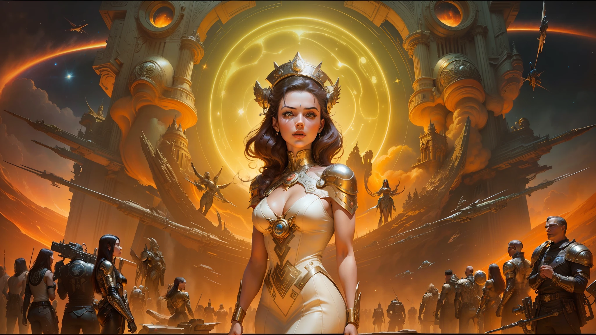 a close up of a woman in a dress standing in front of a painting, as a retro futuristic heroine, rapture, youtube thumbnail, style of donato giancola, heavy metal album cover, goddess of war, tomorrowland, mark powell, energetic beings patrolling, atomic stars --auto --s2