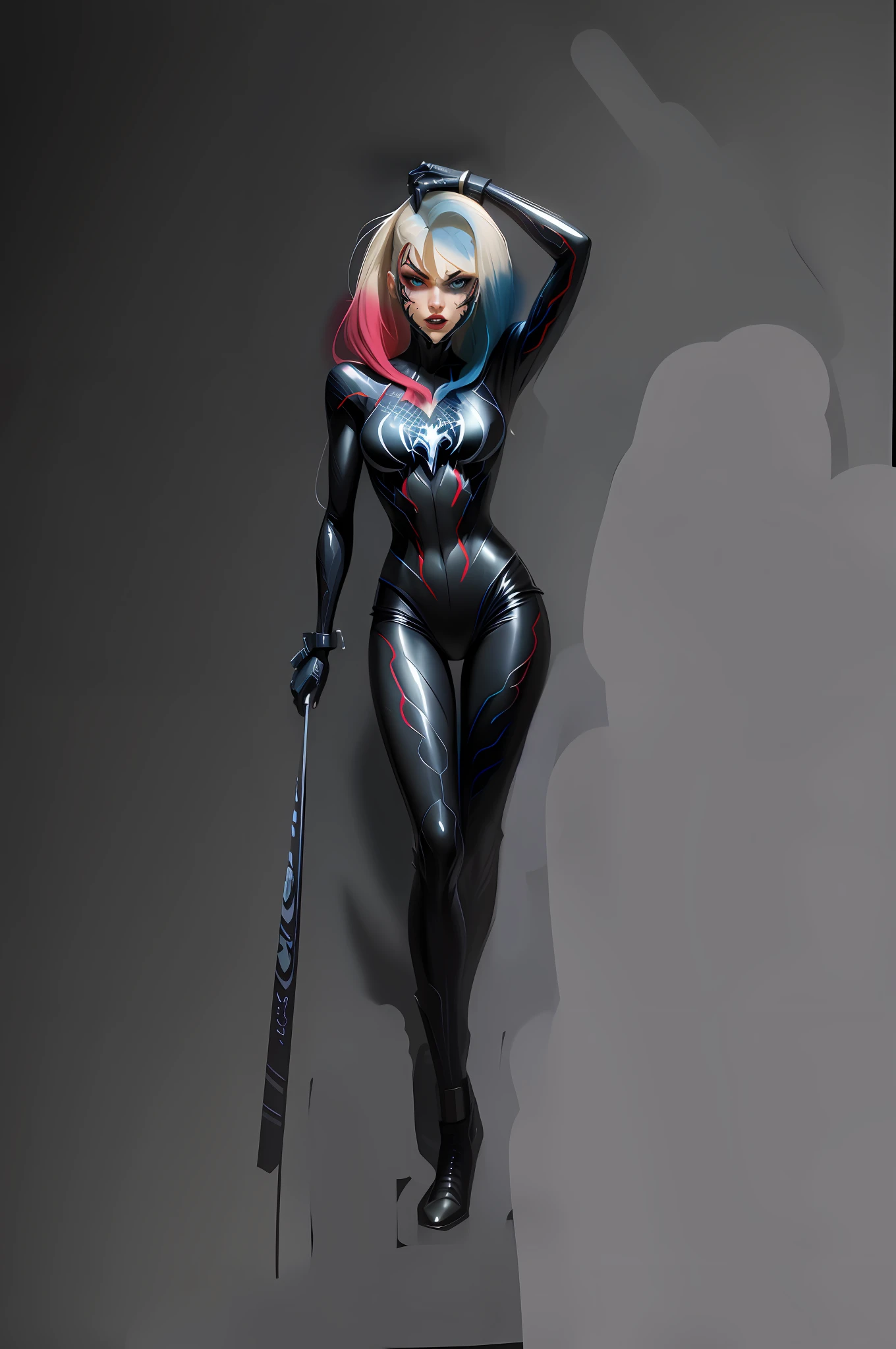 Scene, Girl, Gwen Stacy, Symbiote, Spider Logo, Venom, Masterpiece, Very Detailed, 8k, Realistic, Charismatic, Very Detailed, Clown Girl, Full Body, Digital Art, Dramatic Shadows and Beautiful Vivid Color Capture. Romantic art style, flat perspective, character standings, ray-traced images of Arthur Pan, trends on Artstation, fierce expressions, red and blue hair, heavy makeup