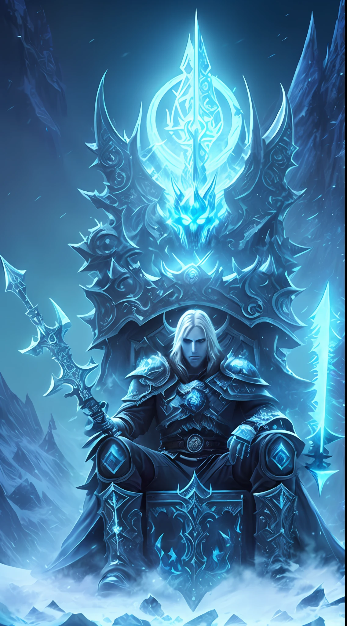 The Lich King, Lich King, Arthas, Arthas Menethil, Death Knight, Blizzard Warcraft Artwork, World of Warcraft Splash Art, Blizzard Warcraft, mask in face sitting on a throne holding your sword around very detailed white skeletons, high resolution, dark, 4k, hd, hdr, midjourney inspiration