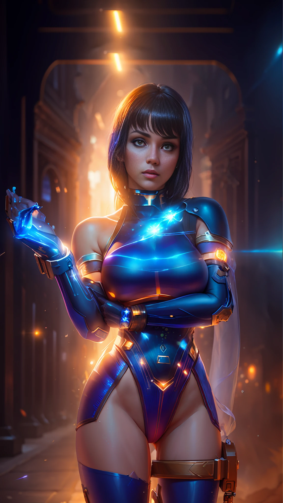 Highly detailed RAW color Photo, beautiful young girl, dynamic pose, (wide hips), (detailed skin), (detailed lips), (detailed eyes), (cosmic:1.4), (necropolis:1.1), (Sci-Fi setting) (detailed face), (curvy), detailed eyes, chromatic aberration, depth of field, soft lighting, masterpiece, best quality, intricate, (lens flare:0.7), (bloom:0.7), particle effects, raytracing, tone mapped, highly detailed, concept art, smooth, sharp focus, dramatic lighting, highly detailed artwork, cinematic, hyper realistic painting, trending on Artstation, 8K, incredible shadows, realistic, (highly detailed background:1.2), art by midjourney