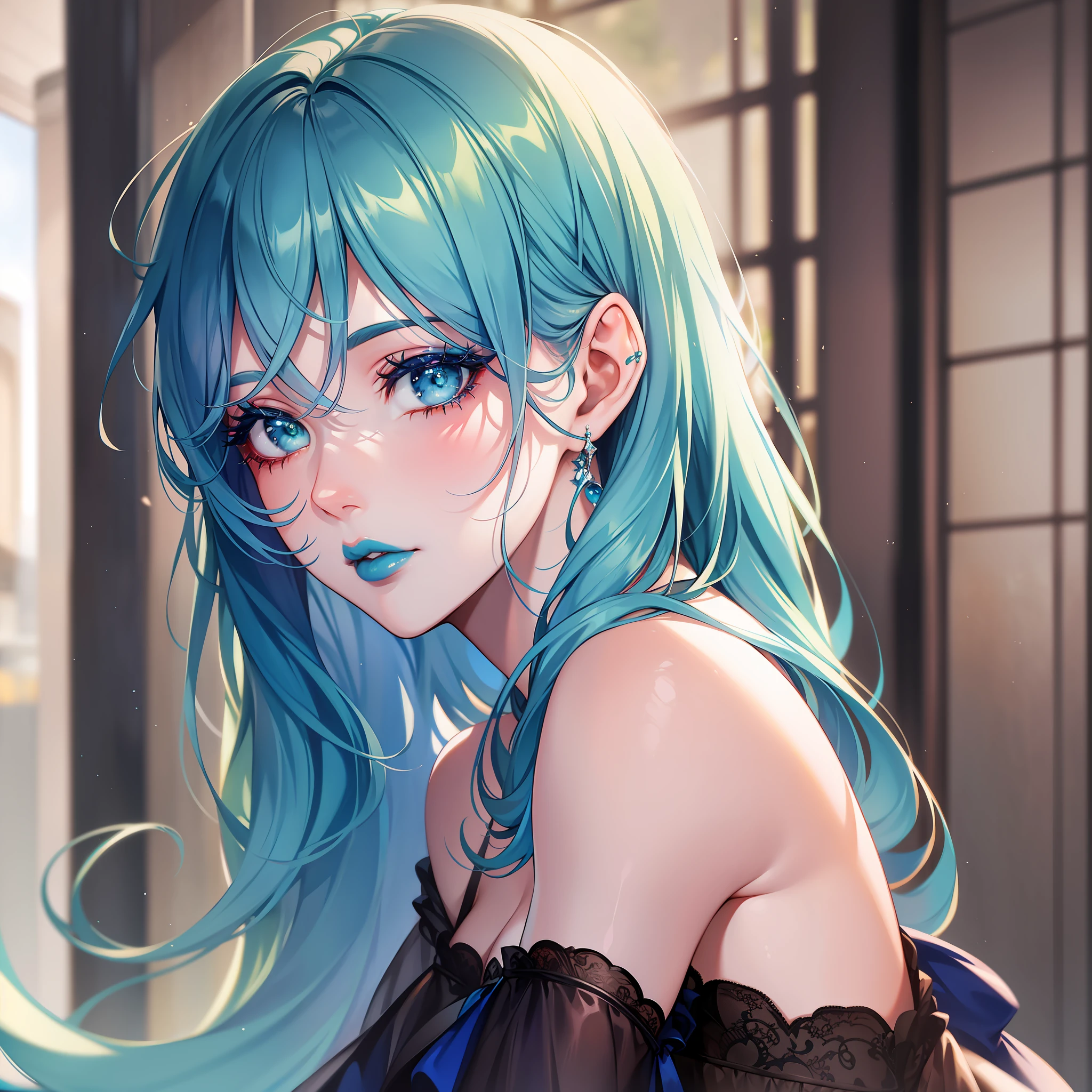 Blue hair, green eyes, long eyelashes, big red lips, apricot eyes, beauty, girly