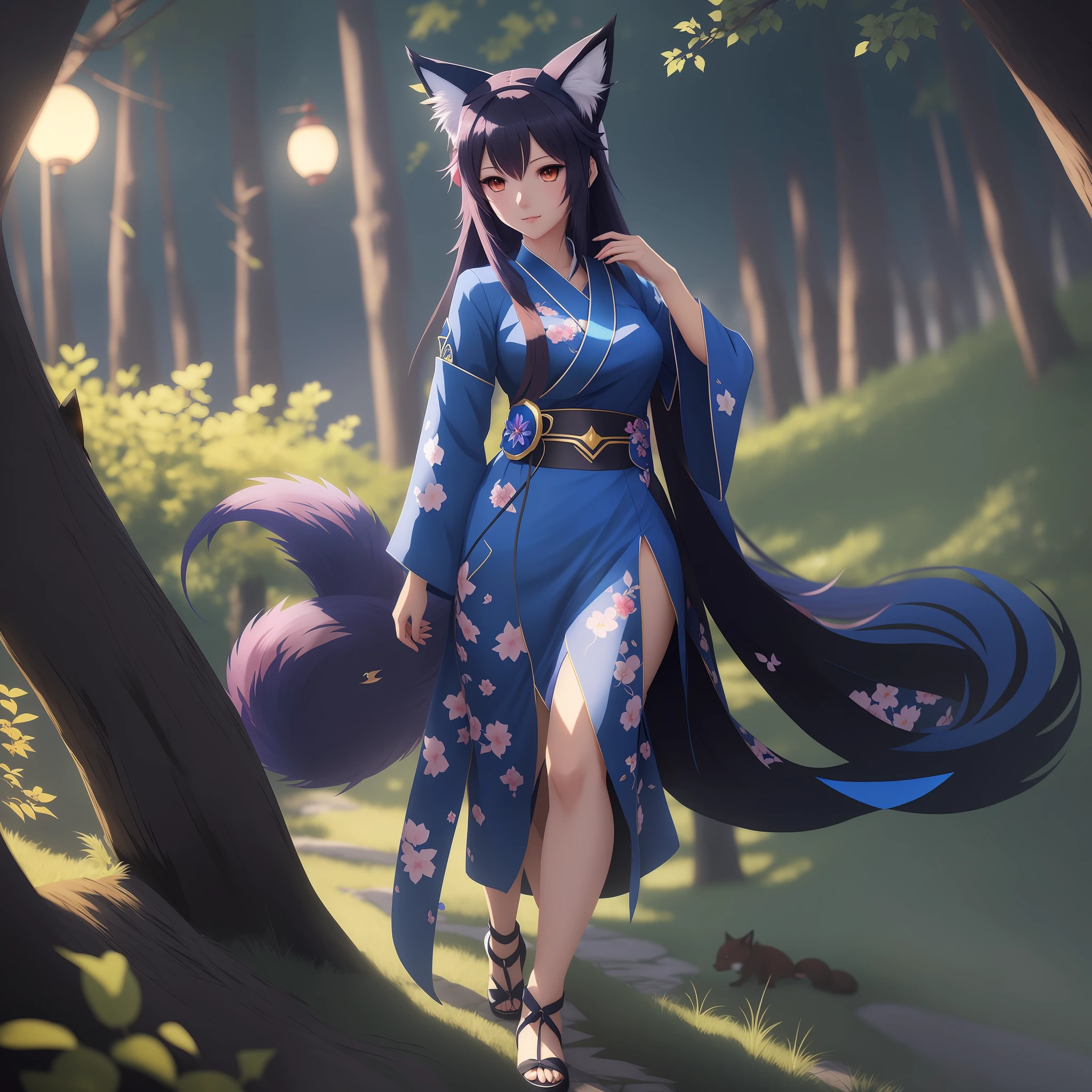 anime - style woman in a blue dress with a cat ears and tail, ahri, fox nobushi, trending on artstation pixiv, fanart best artstation, portrait of ahri, a beautiful kitsune woman, kitsune, style artgerm, artgerm and atey ghailan, trending on artstation hd