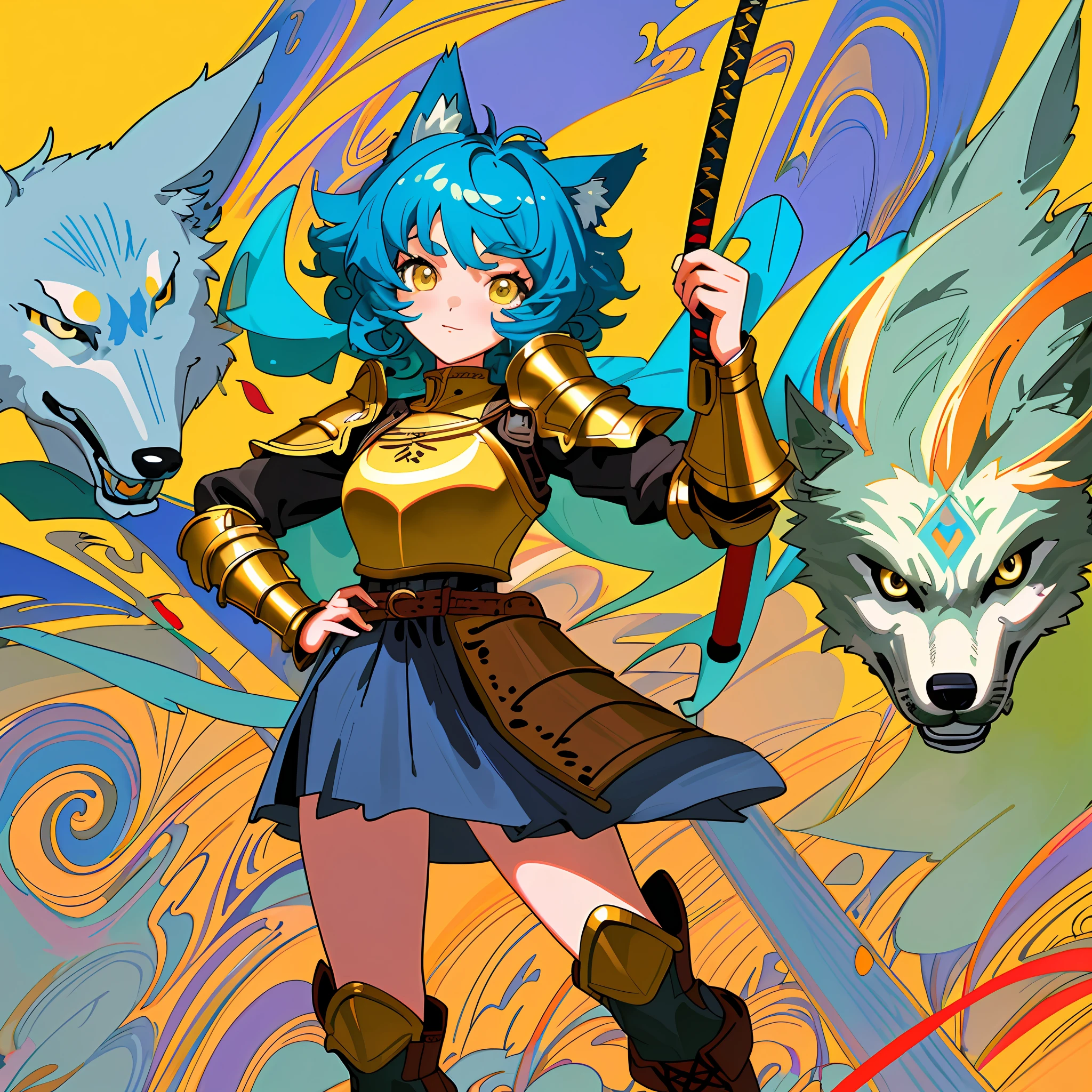 best illustration, illustration, vibrant colors, masterpiece, best quality, absurdities, 1girl, beautiful face, detailed eyes, looking at the viewer, contrapposto, sexy, standing, Cartoon, small bust, strong thighs, girl with curly blue hair, wolf ears, yellow eyes, leather tunic, 2 swords, big high boots, armor.
