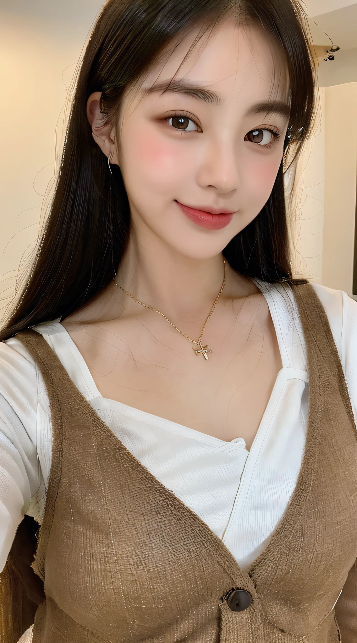 (top quality, 8k, masterpiece: 1.3), beautiful woman with perfect figure: 1.4, dark brown hair, wearing pendant, wearing a suit, in the kitchen, very detailed face and skin, detailed eyes, double eyelids, big, smile