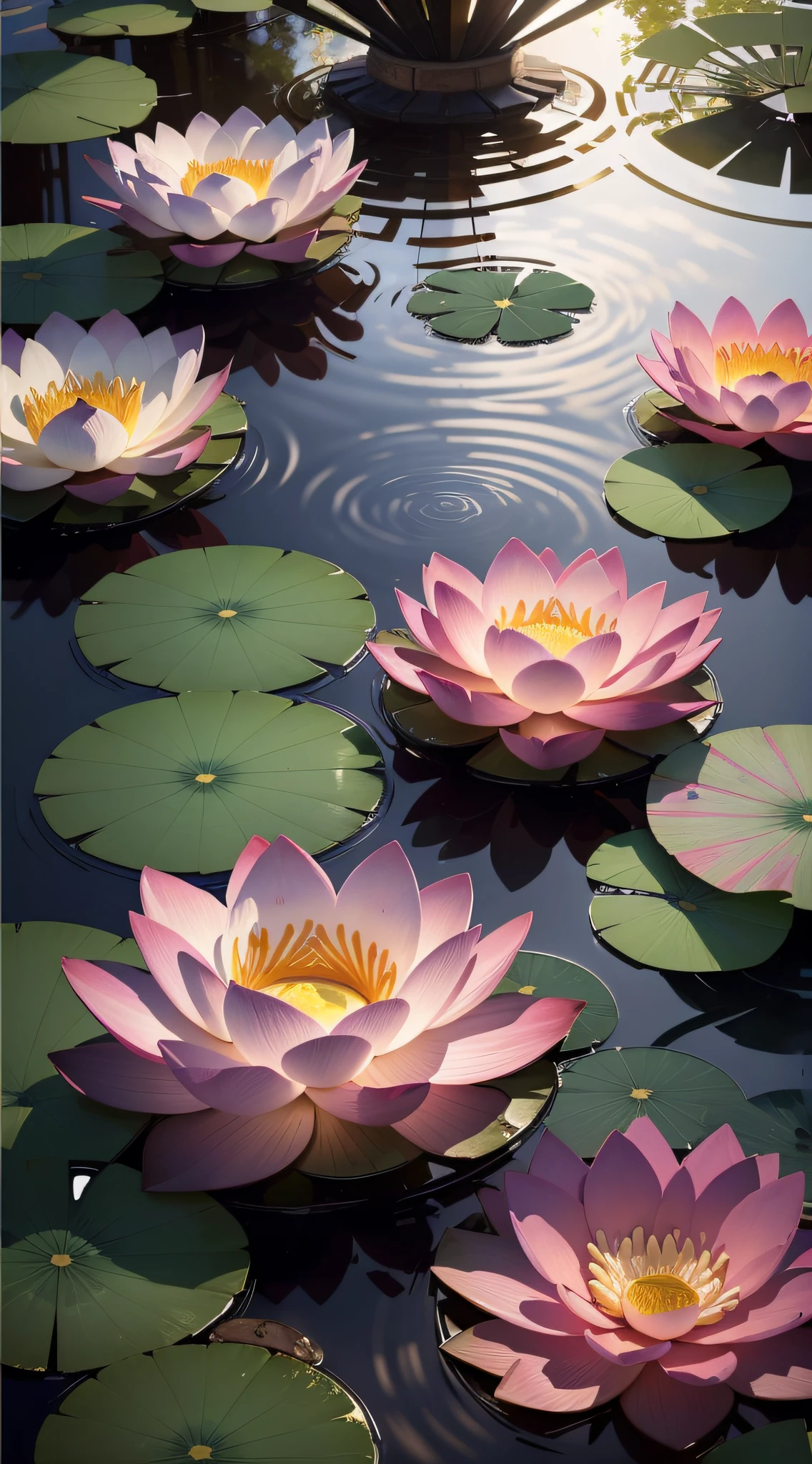 Masterpiece, exquisite, beautiful scenery deep in the lotus pond, (colourful, vivid, sunny, cool light: 1.2) lotus leaves in the pond. high quality high quality