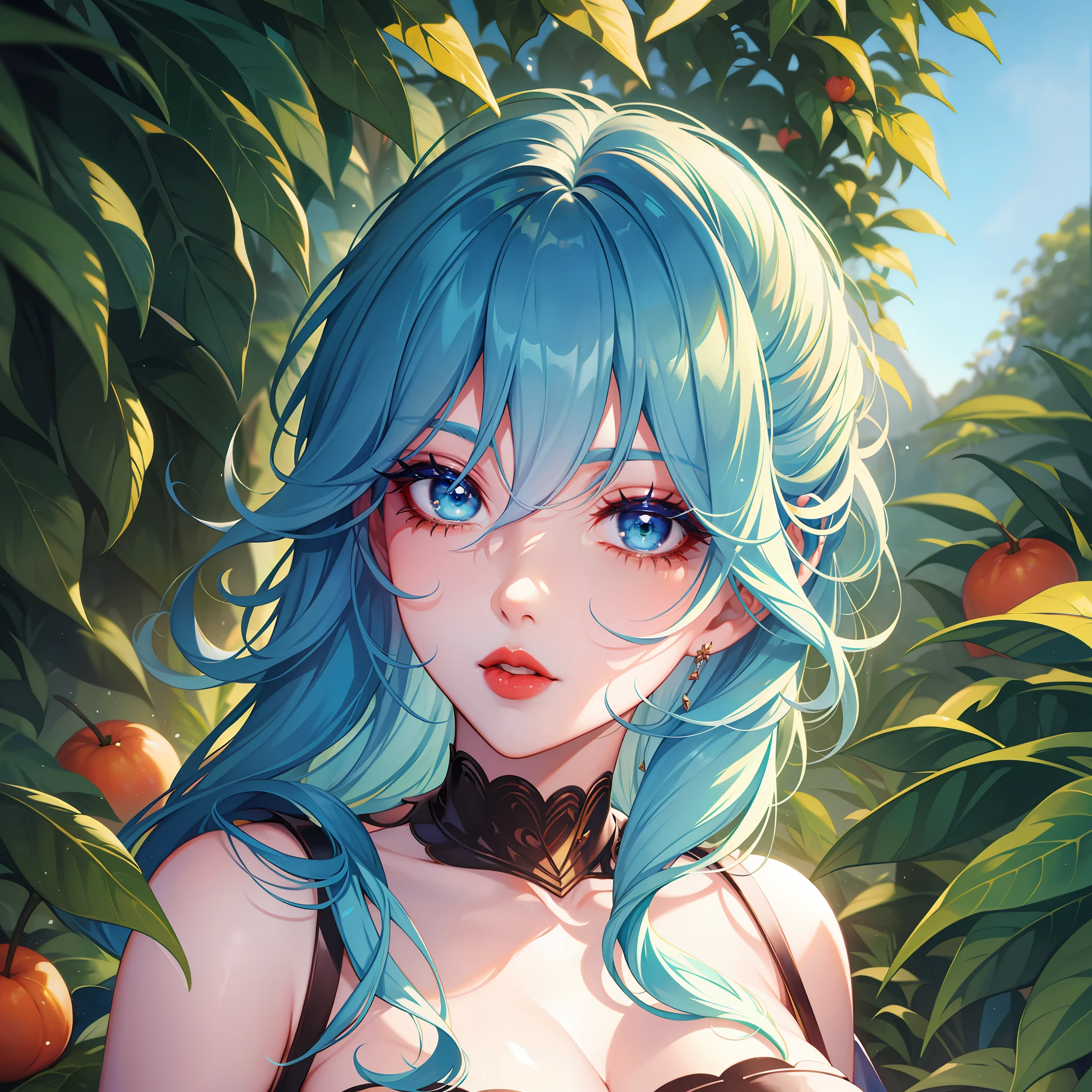 Blue hair, green eyes, long eyelashes, big red lips, apricot eyes, beauty, girly